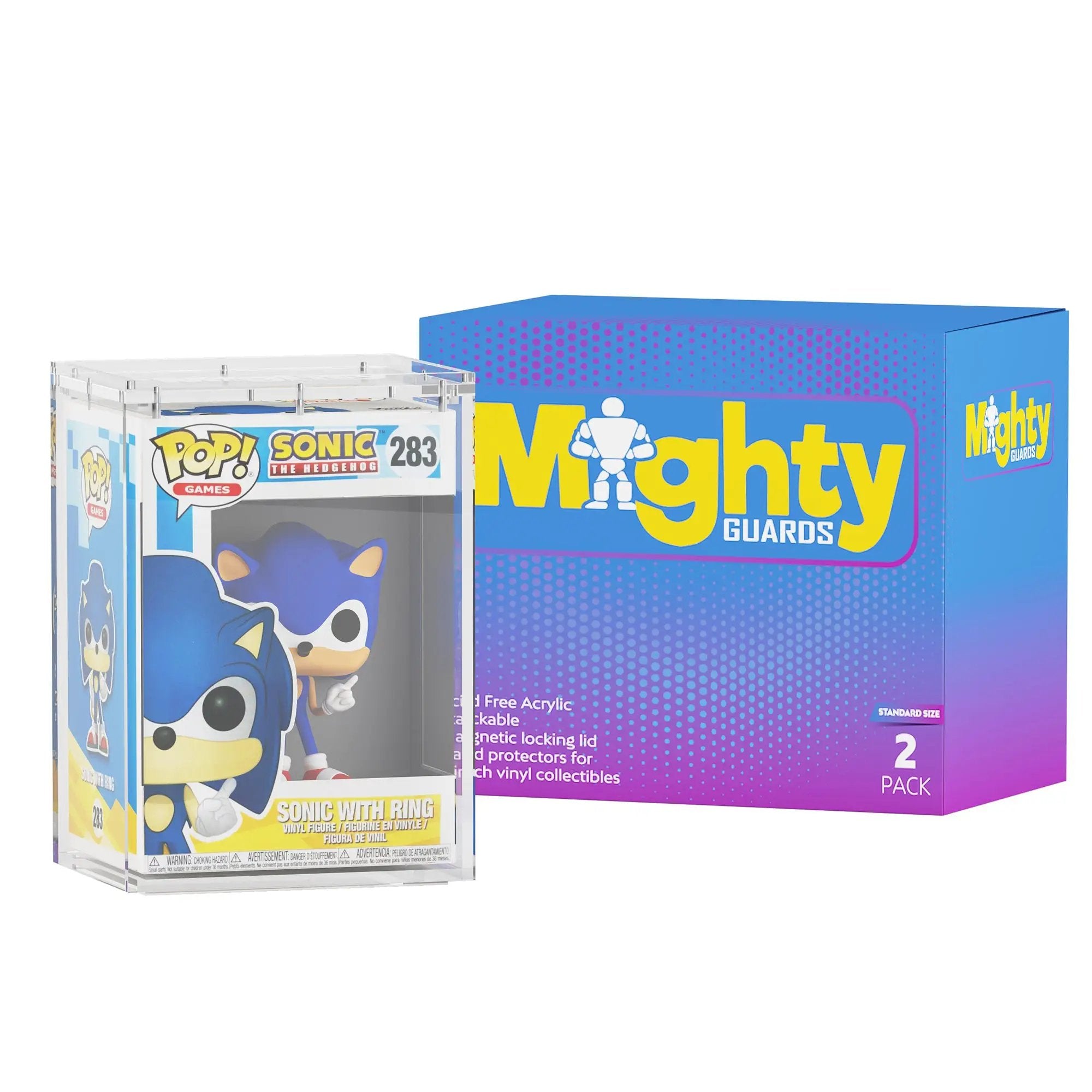 Two clear acrylic hard protectors for 4-inch Funko POP! figures, stackable with magnetic lids, from THE MIGHTY HOBBY SHOP.