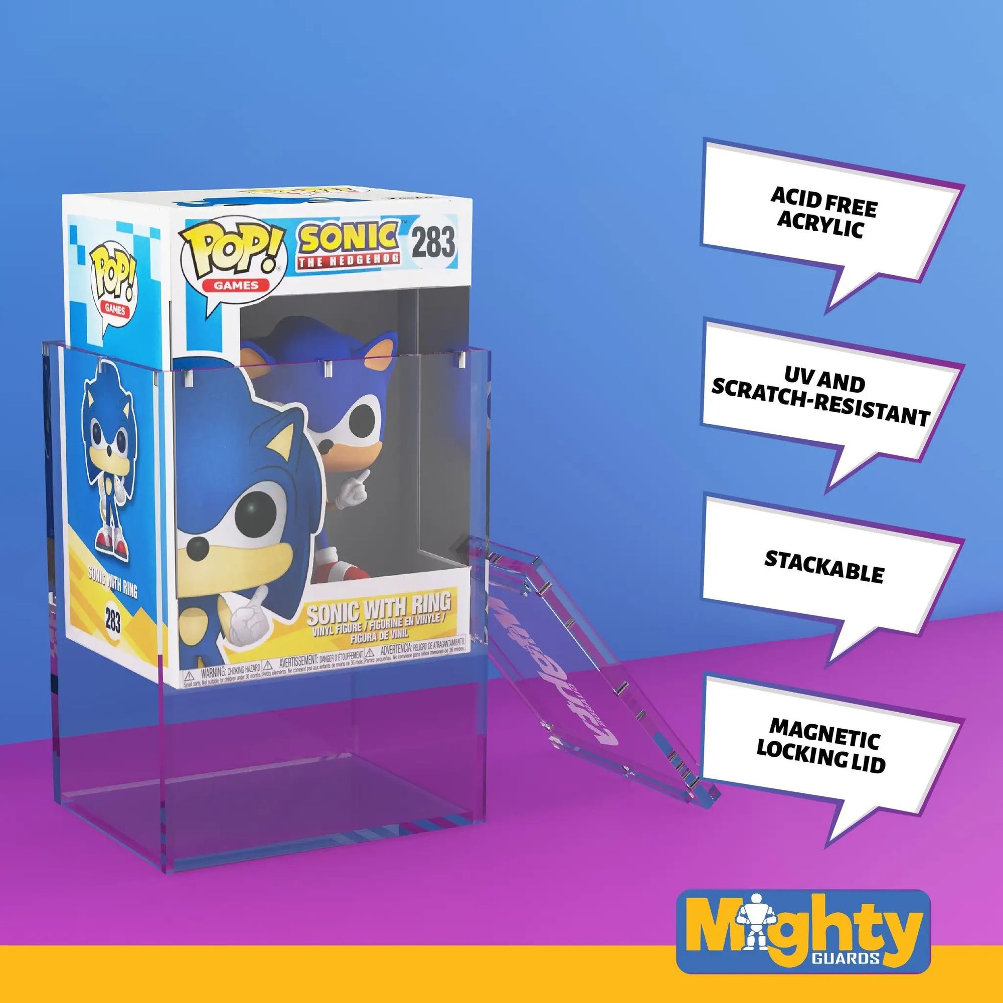 Two standard size Mighty Guards acrylic protectors for 4-inch Funko POP! figures, stackable with magnetic lids, by THE MIGHTY HOBBY SHOP.