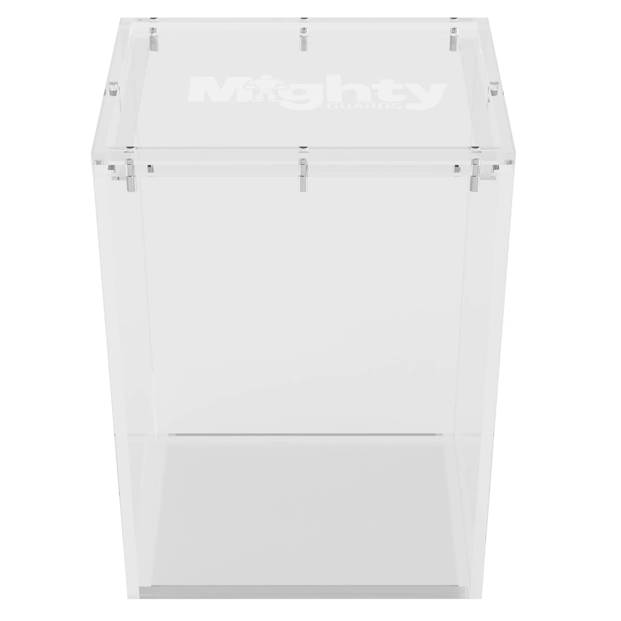 Two standard size Mighty Guards acrylic protectors for 4-inch Funko POP! figures, stackable with magnetic lids, by THE MIGHTY HOBBY SHOP.