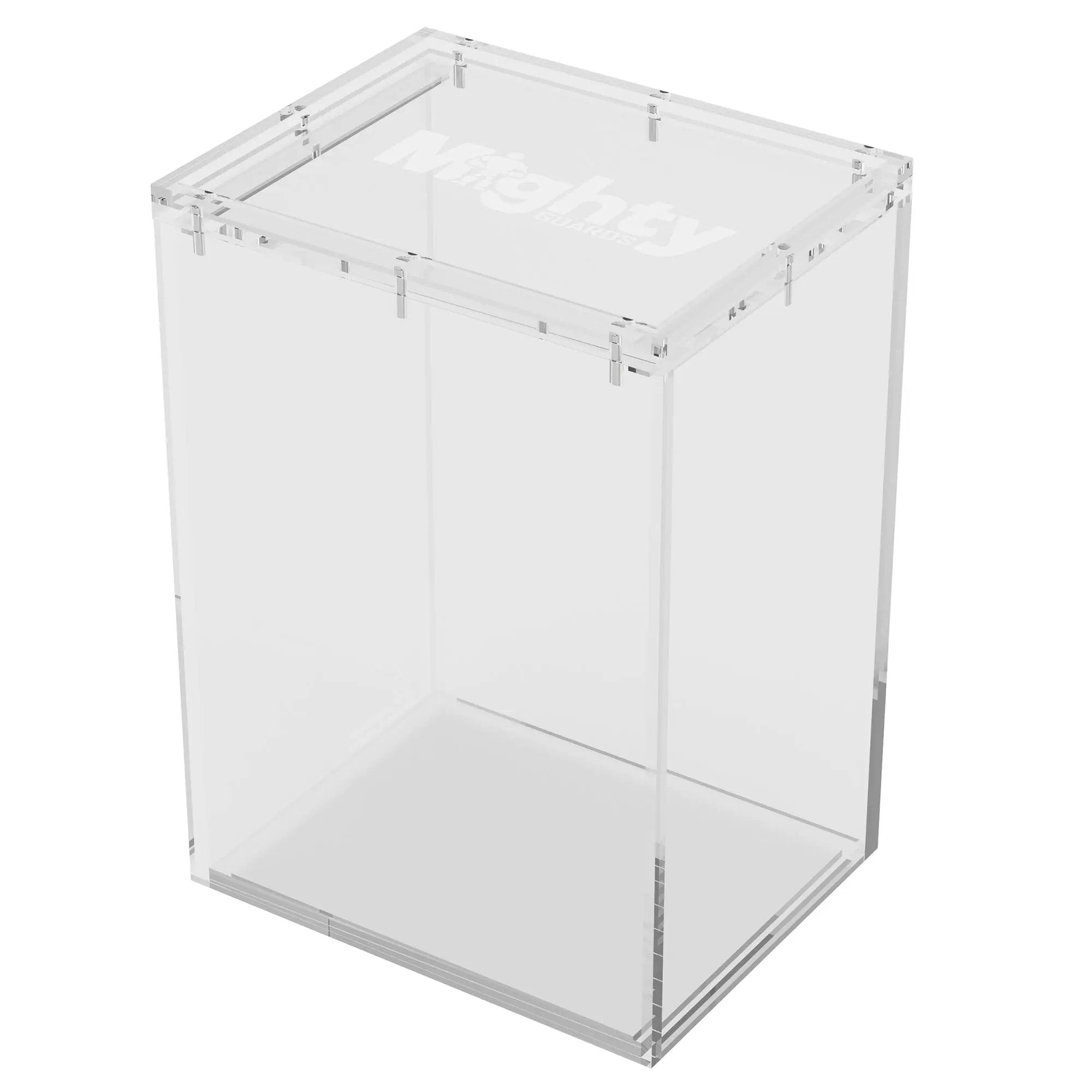 Two clear acrylic pop protectors with magnetic lids for 4-inch Funko POP! figures, compatible with Mighty Guards stackable display.