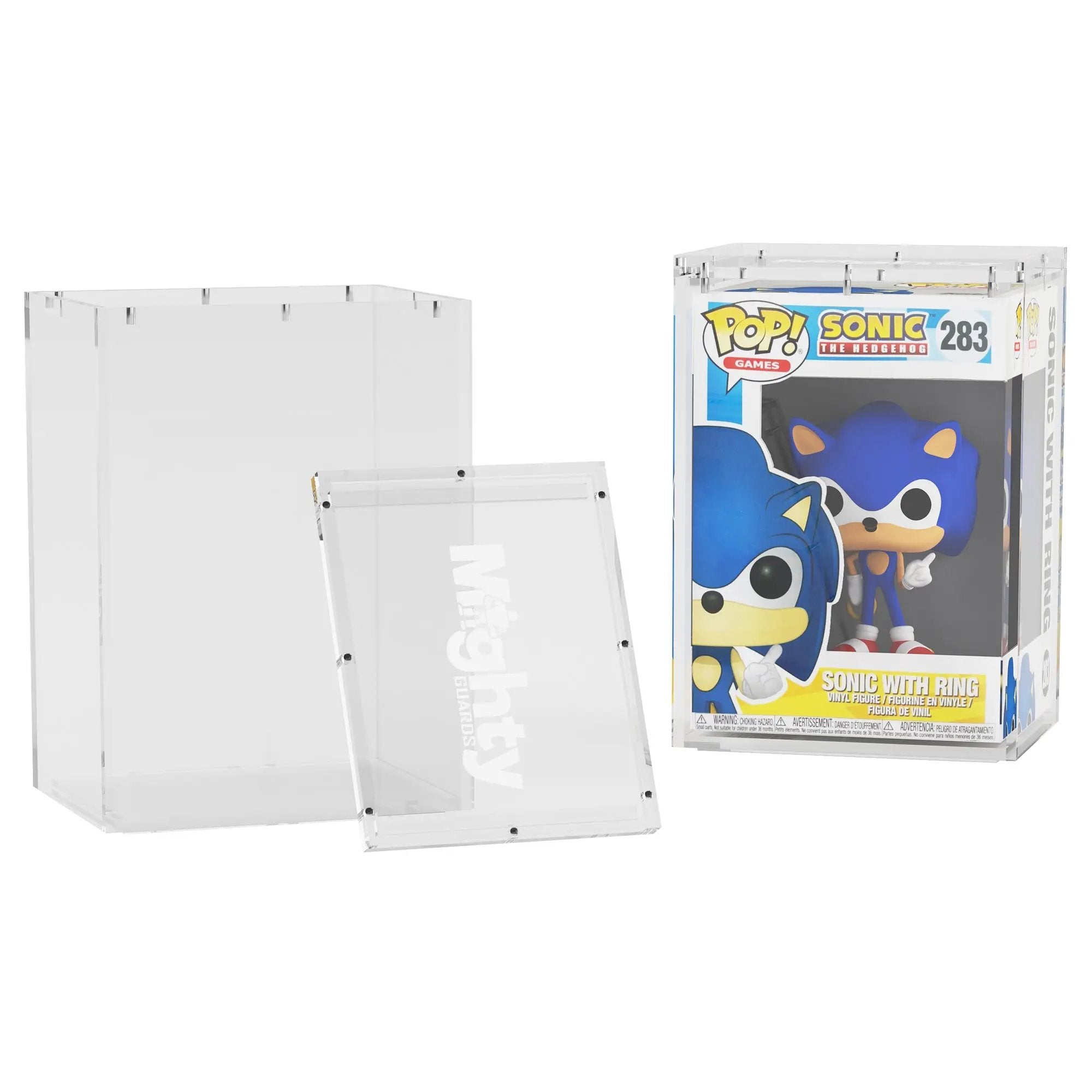 Two standard size Mighty Guards acrylic protectors with magnetic lids for 4-inch Funko POP! figures, stackable and durable.