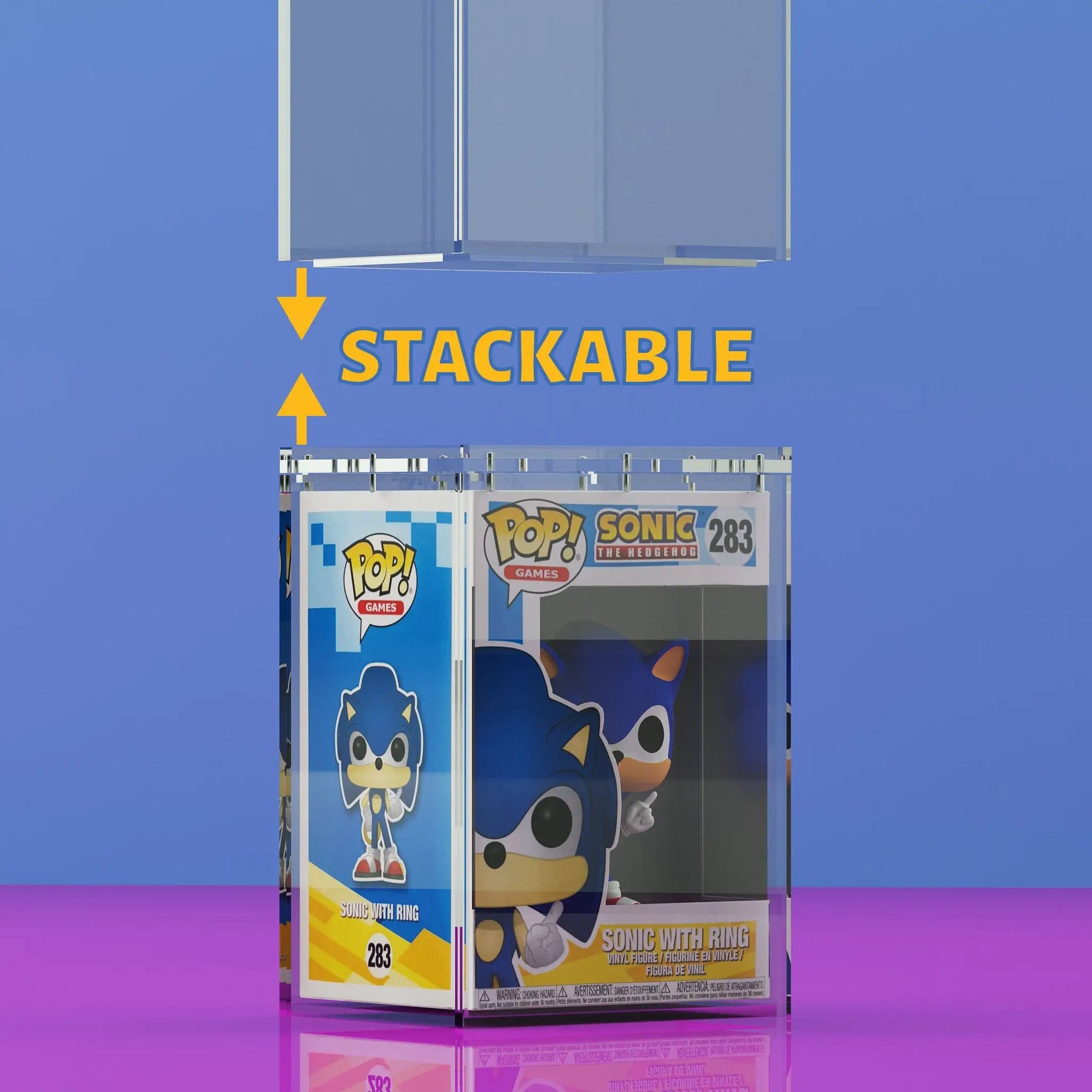 Two standard-size Mighty Guards acrylic protectors for 4-inch Funko POP! figures, stackable with magnetic lids, by THE MIGHTY HOBBY SHOP.