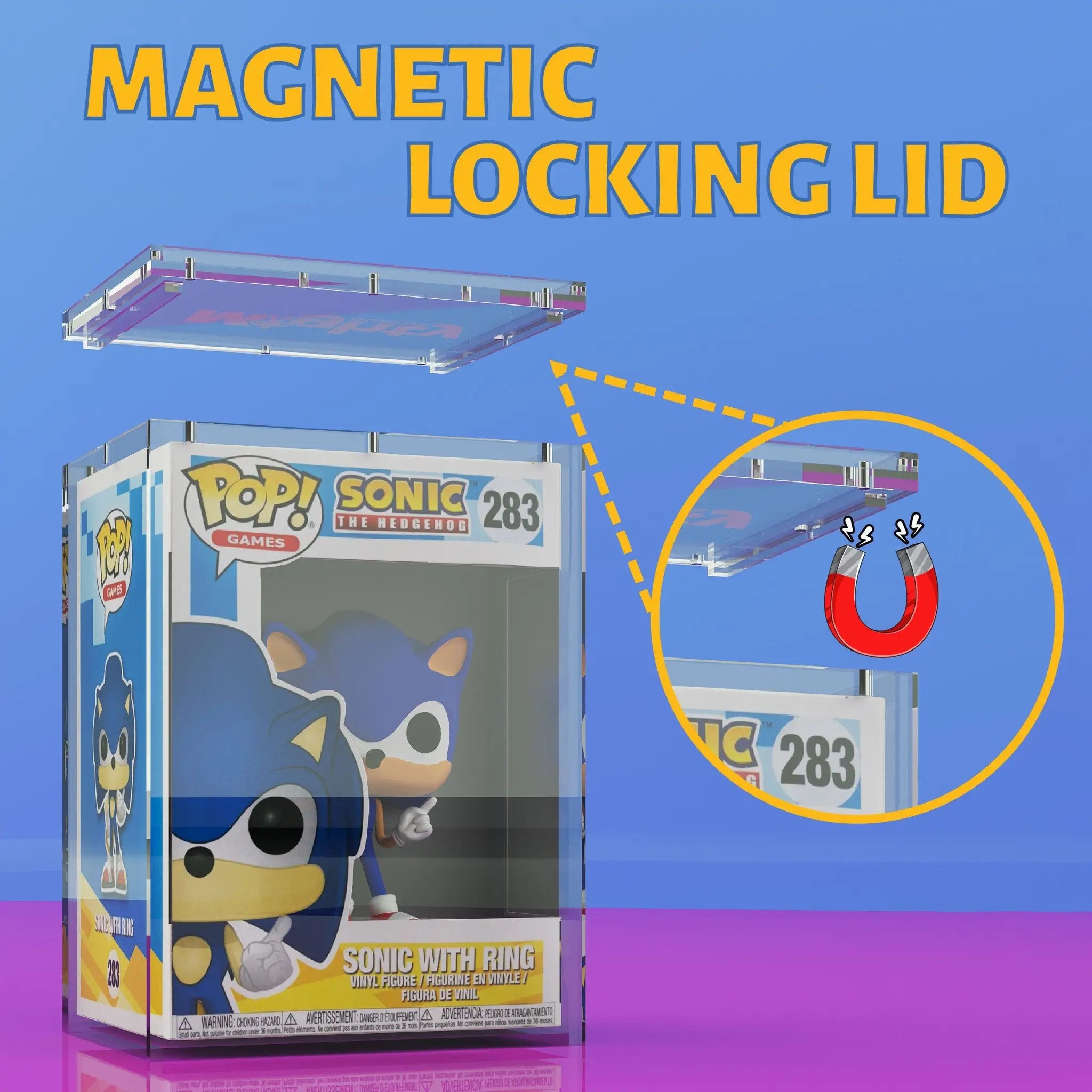 Two standard size Mighty Guards acrylic protectors for 4-inch Funko POP! collectibles, stackable with magnetic lid, by THE MIGHTY HOBBY SHOP.