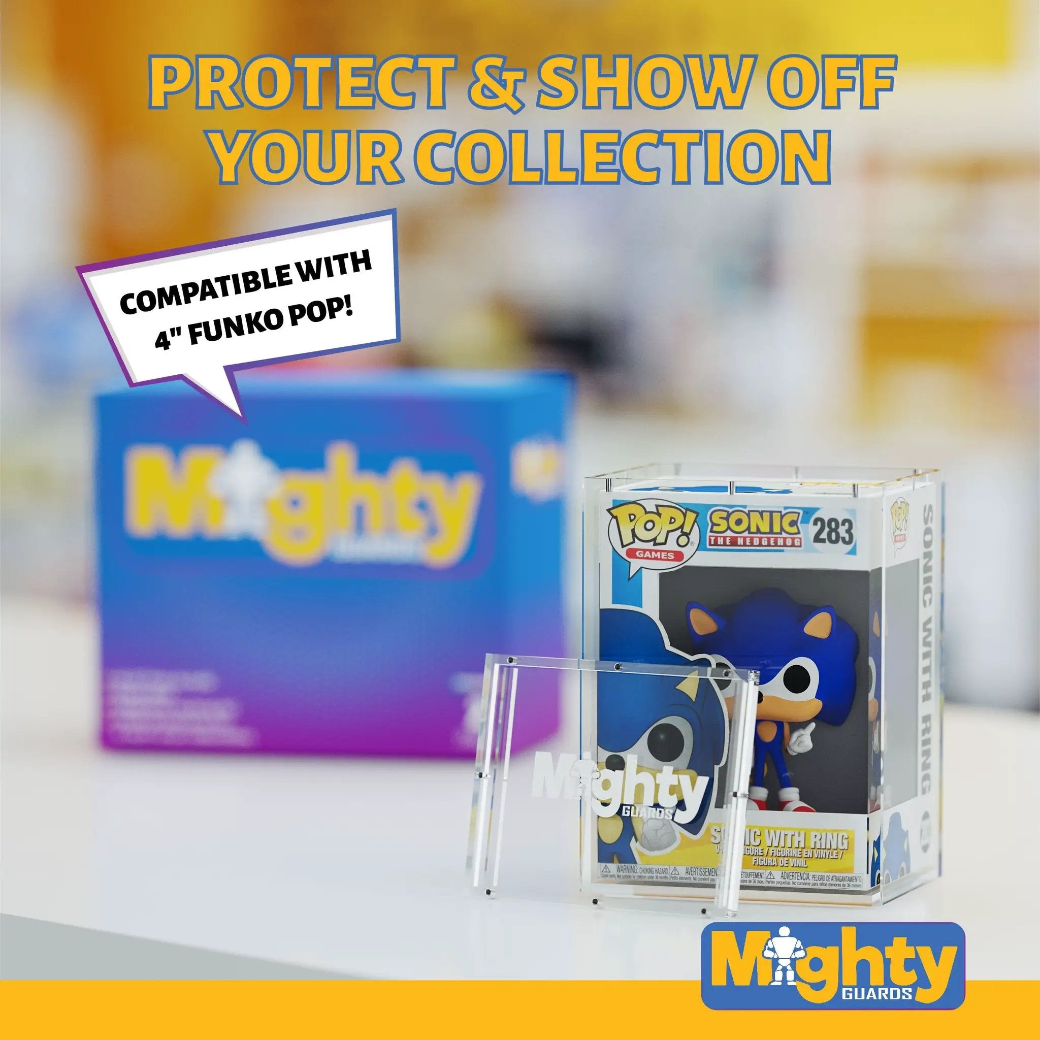 Two clear acrylic hard protectors for 4-inch Funko POP! figures, stackable with magnetic lids, from THE MIGHTY HOBBY SHOP.