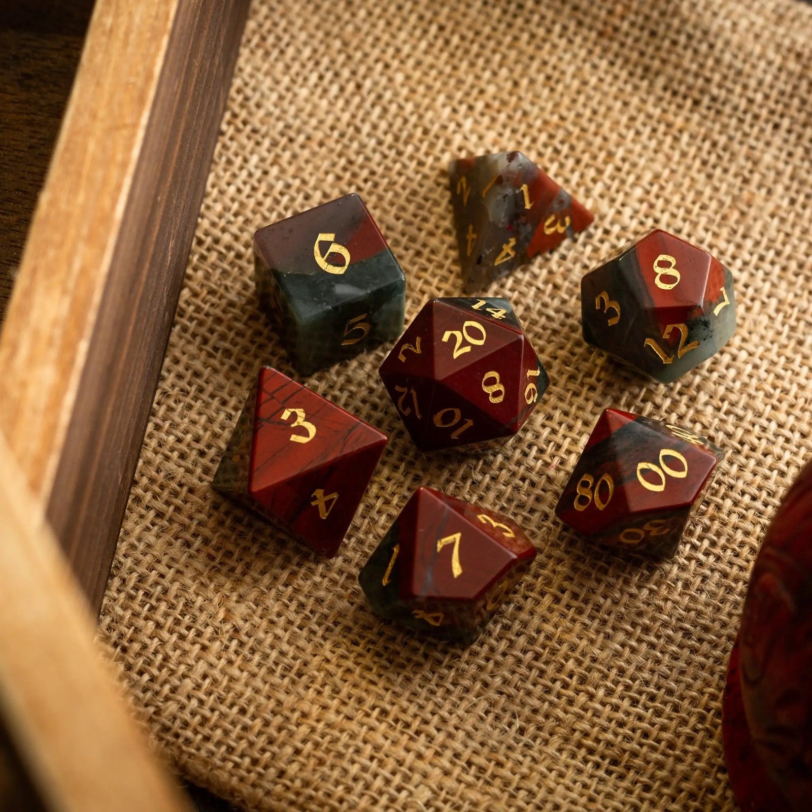 African Bloodstone Hand Carved Gemstone DND Dice Set by Runic Dice