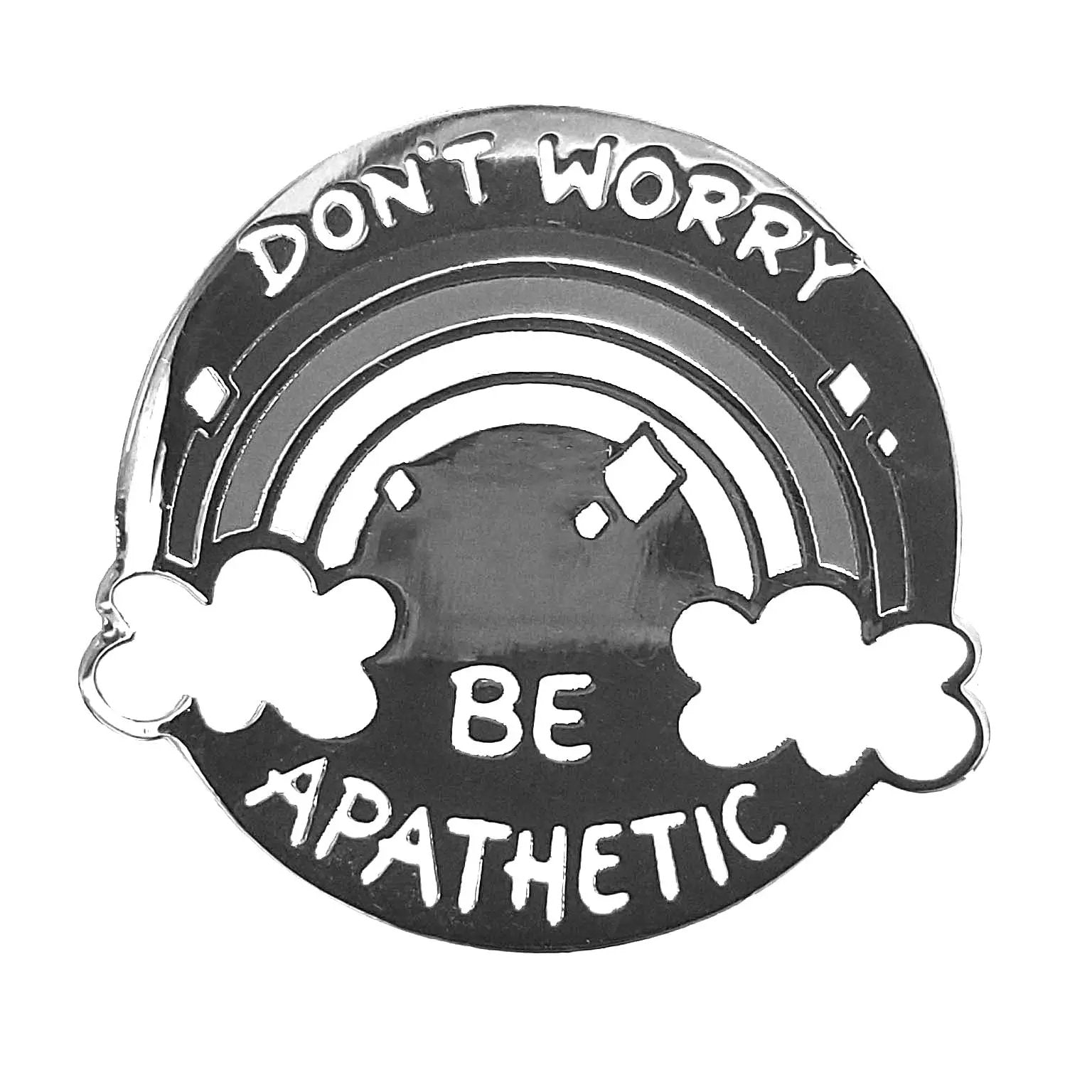 Shiny apathetic-themed golf ball marker with "Don't Worry, Be Apathetic" design by Kolorspun, featuring a pin shape and reflective surface.