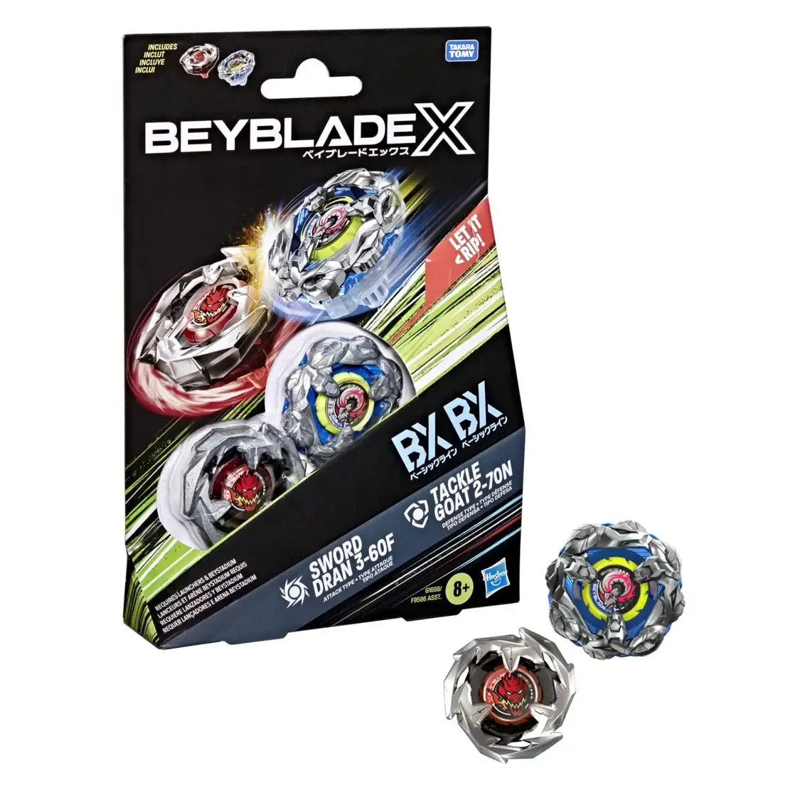Dual Beyblade battle top set featuring Tackle Goat 2-70N and Sword Dran 3-60F with colorful spinning tops and launchers.