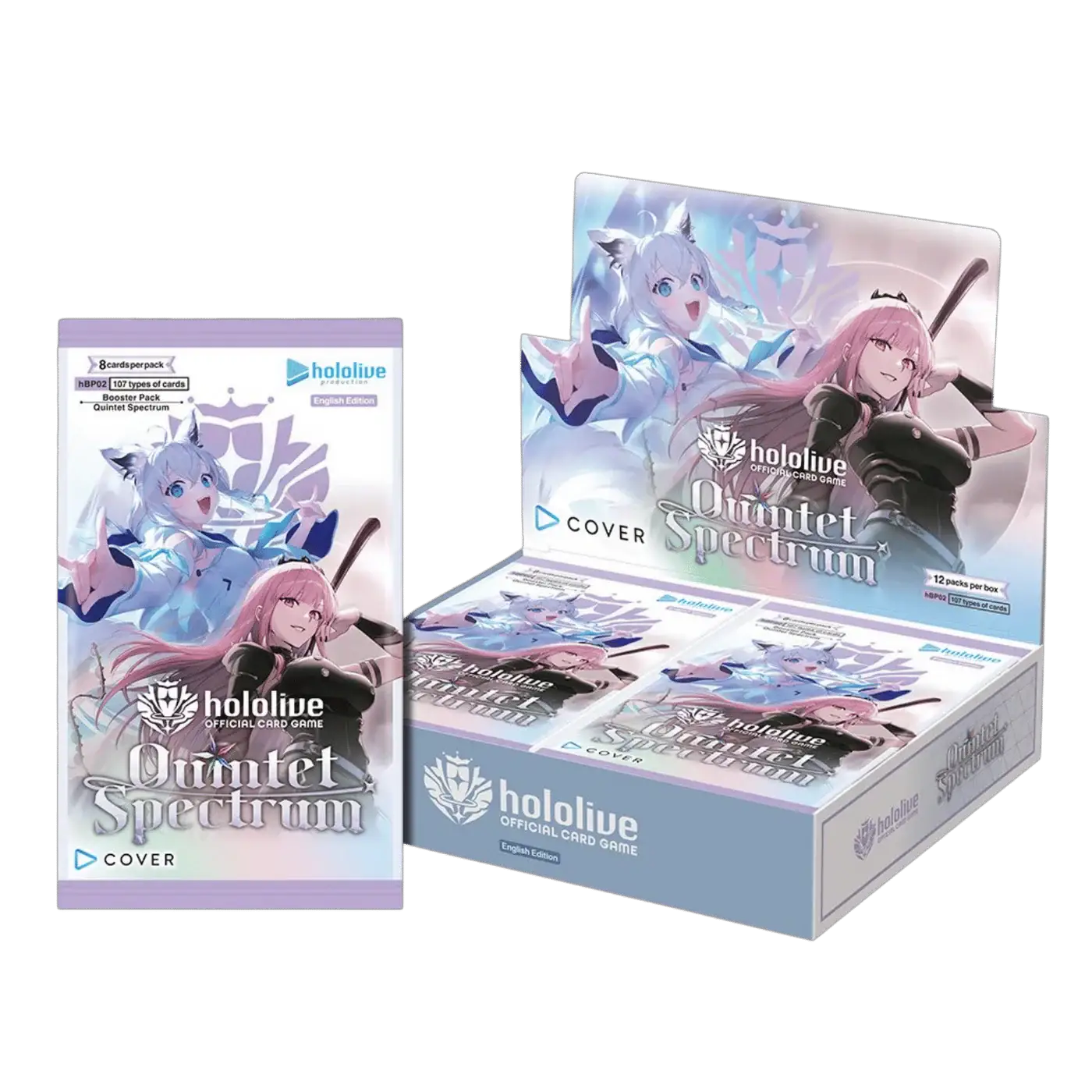 HOL0LIVE OCG Quintet Spectrum booster display with colorful trading cards and packaging from THE MIGHTY HOBBY SHOP