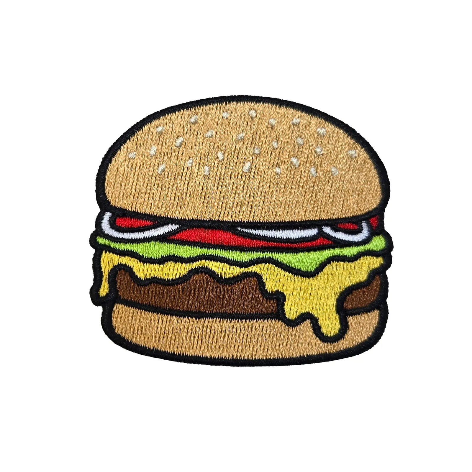 Colorful cheeseburger patch by Kolorspun, featuring embroidered burger with lettuce, cheese, and bun on fabric backing.