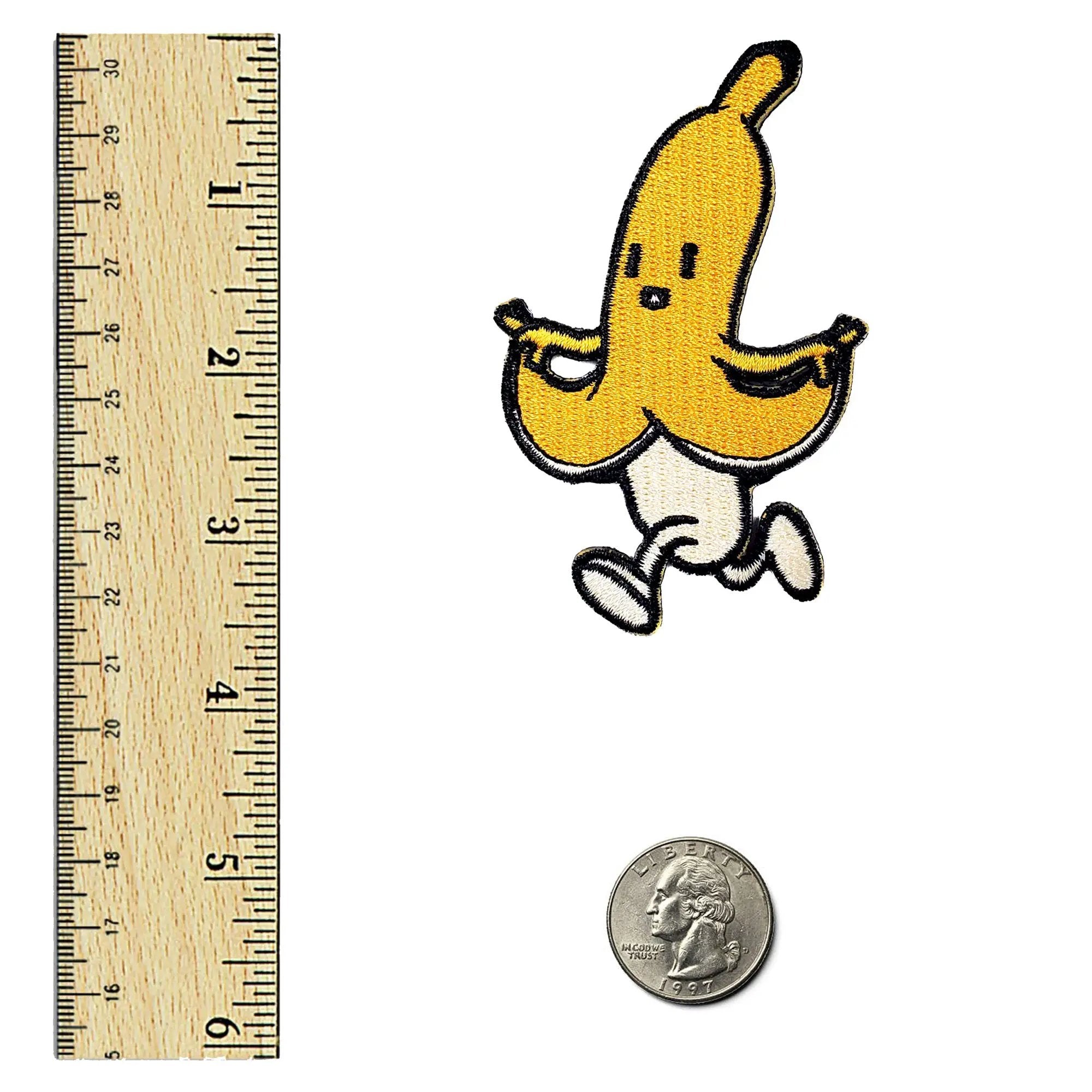 Kolorspun Skipping Banana Patch with ruler design, vibrant yellow fabric patch featuring a playful banana graphic and measurement markings