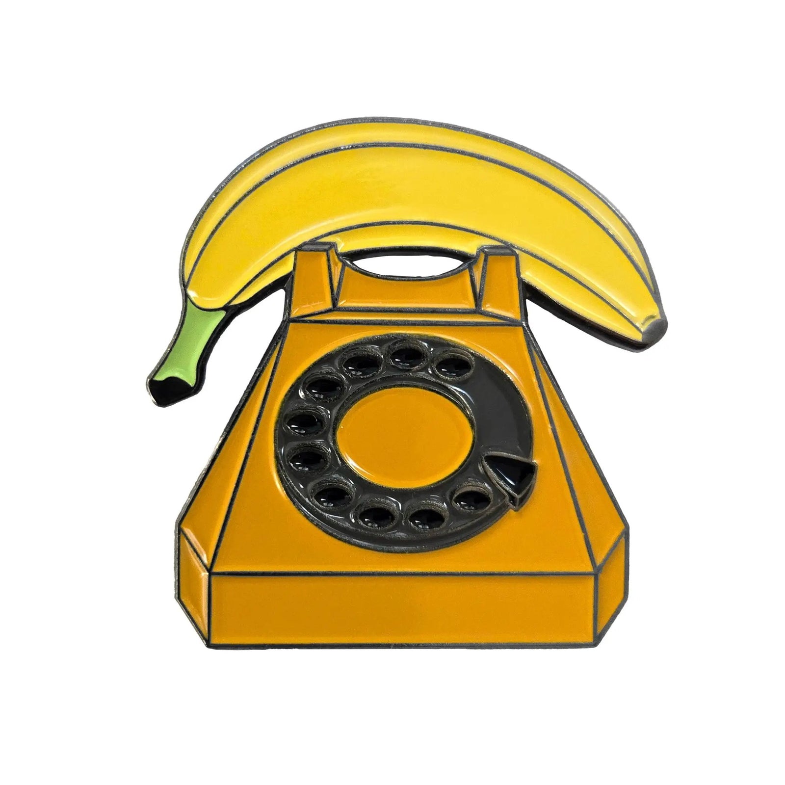 Kolorspun Banana Phone pin in black nickel finish, a fun accessory with a detailed banana and phone design for clothing or bags.