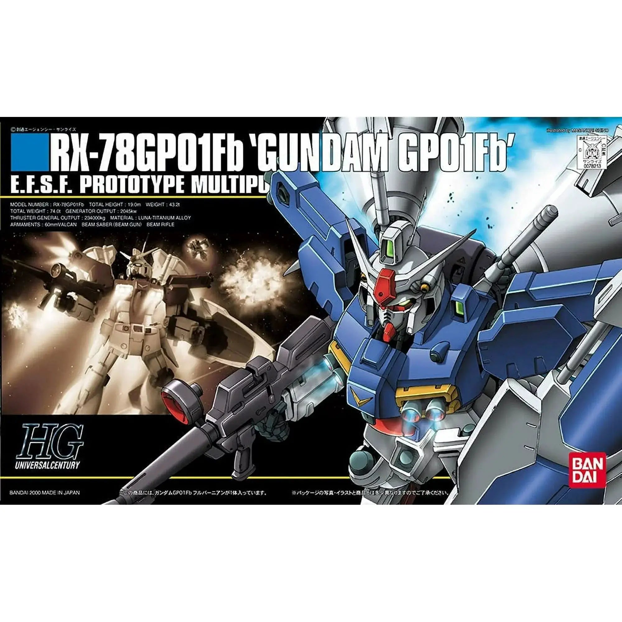 HGUC 1/144 RX-78GP01-Fb Gundam Zephyranthes Full Burnern model kit by Bandai, showing detailed exterior and articulated limbs.