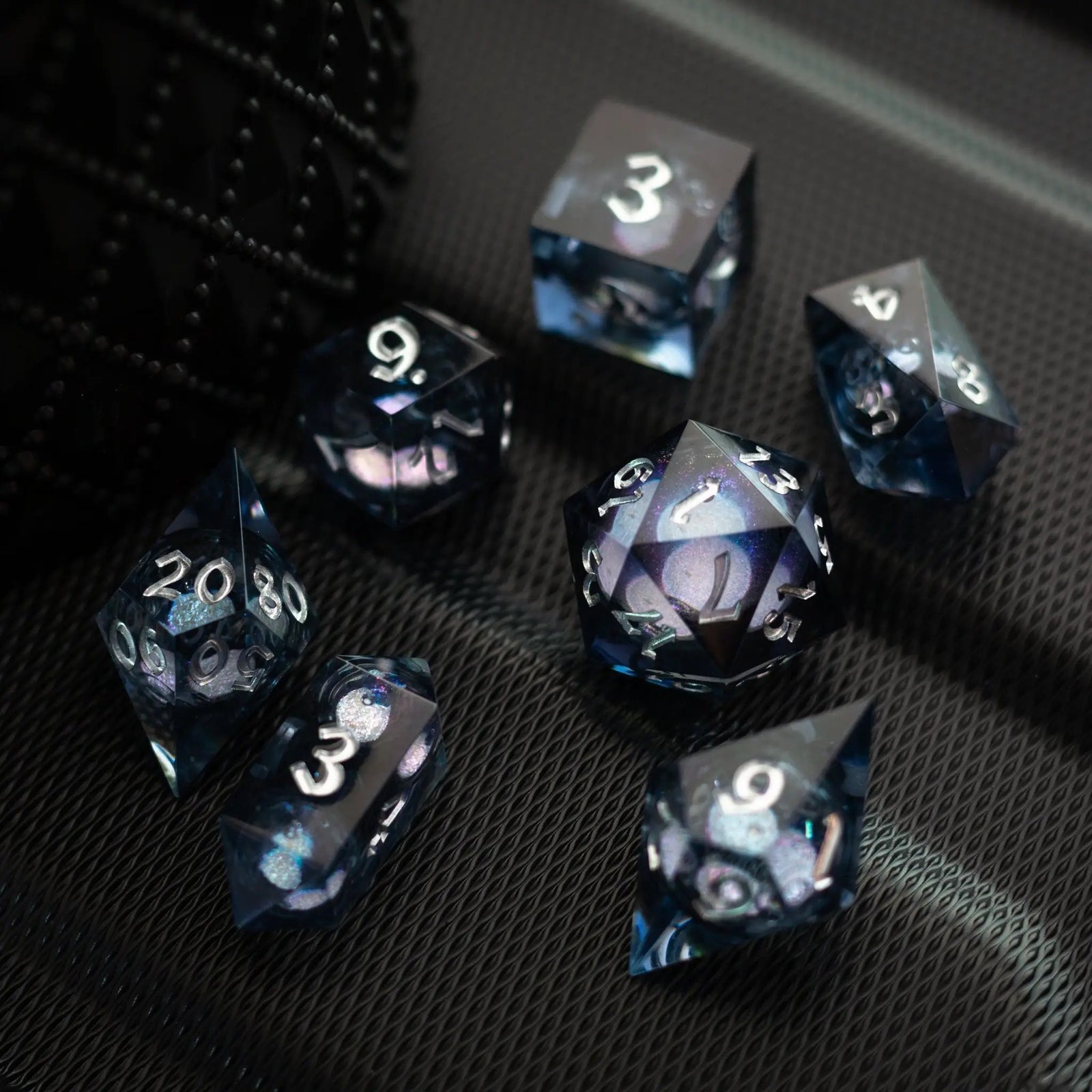 Black And Silver Glitter Liquid Core Handmade Resin DND Dice Set by Runic Dice