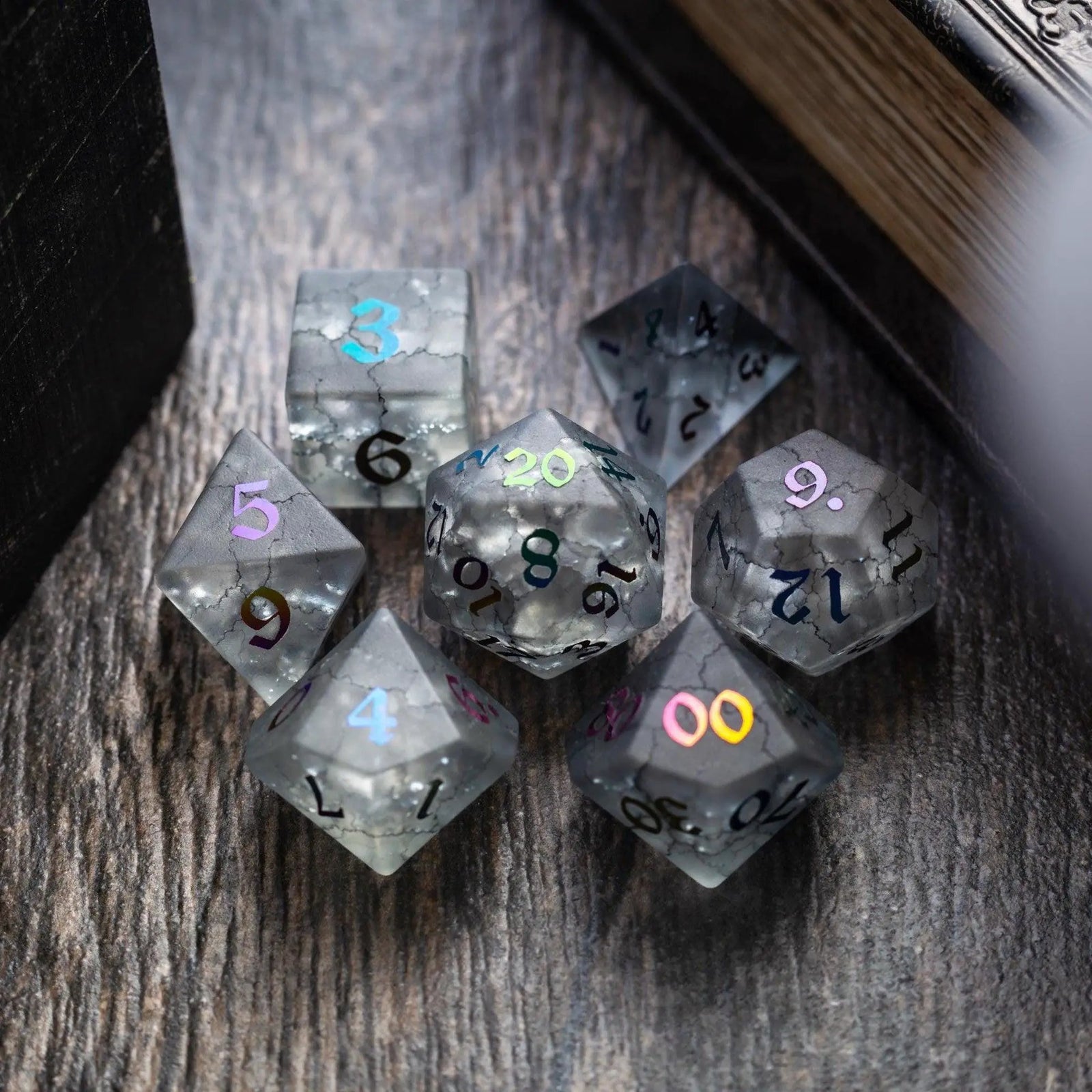 Black Inked Lightning Cracked Glass DND Dice Set by Runic Dice