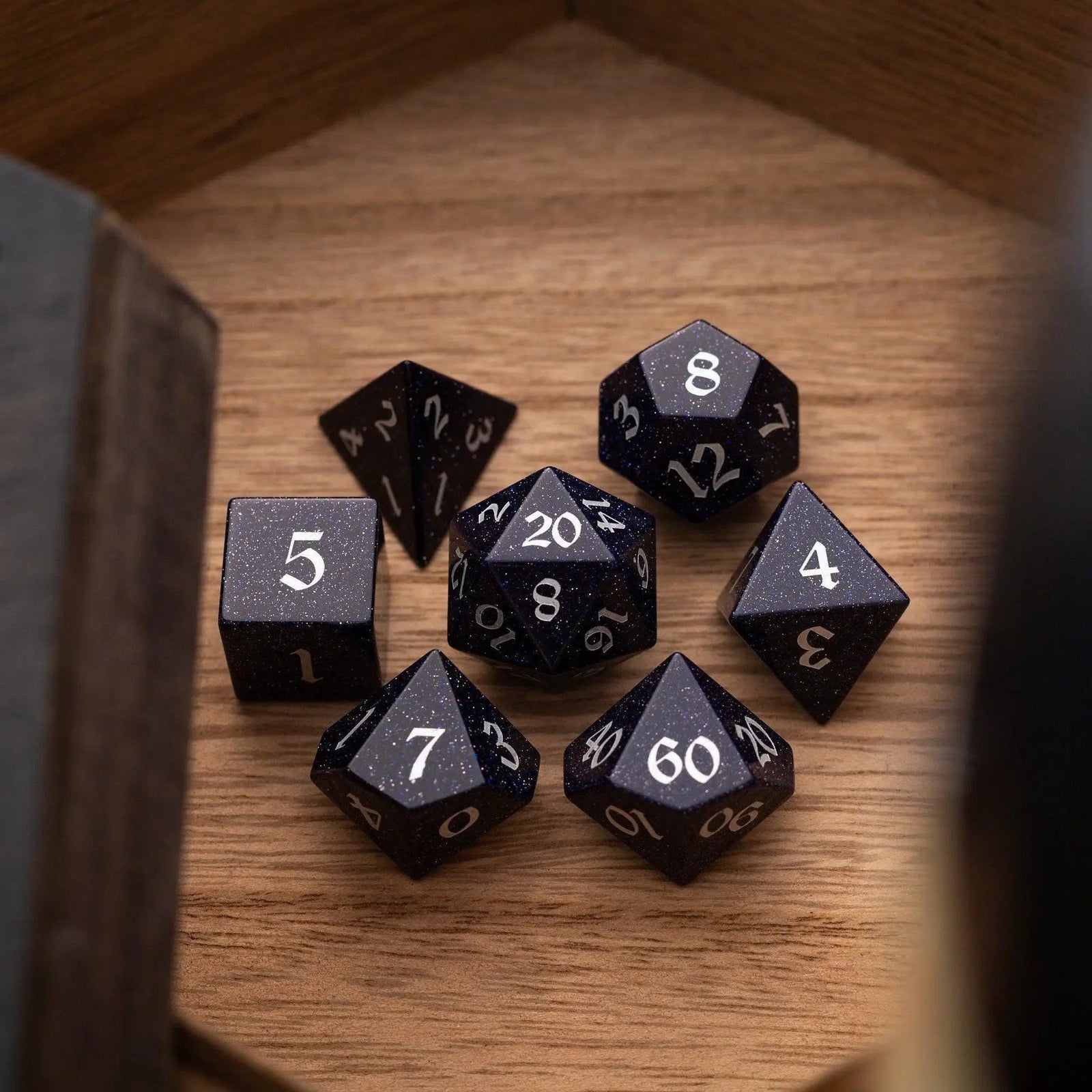 Blue Sandstone Silver Font Gemstone DND Dice Set by Runic Dice