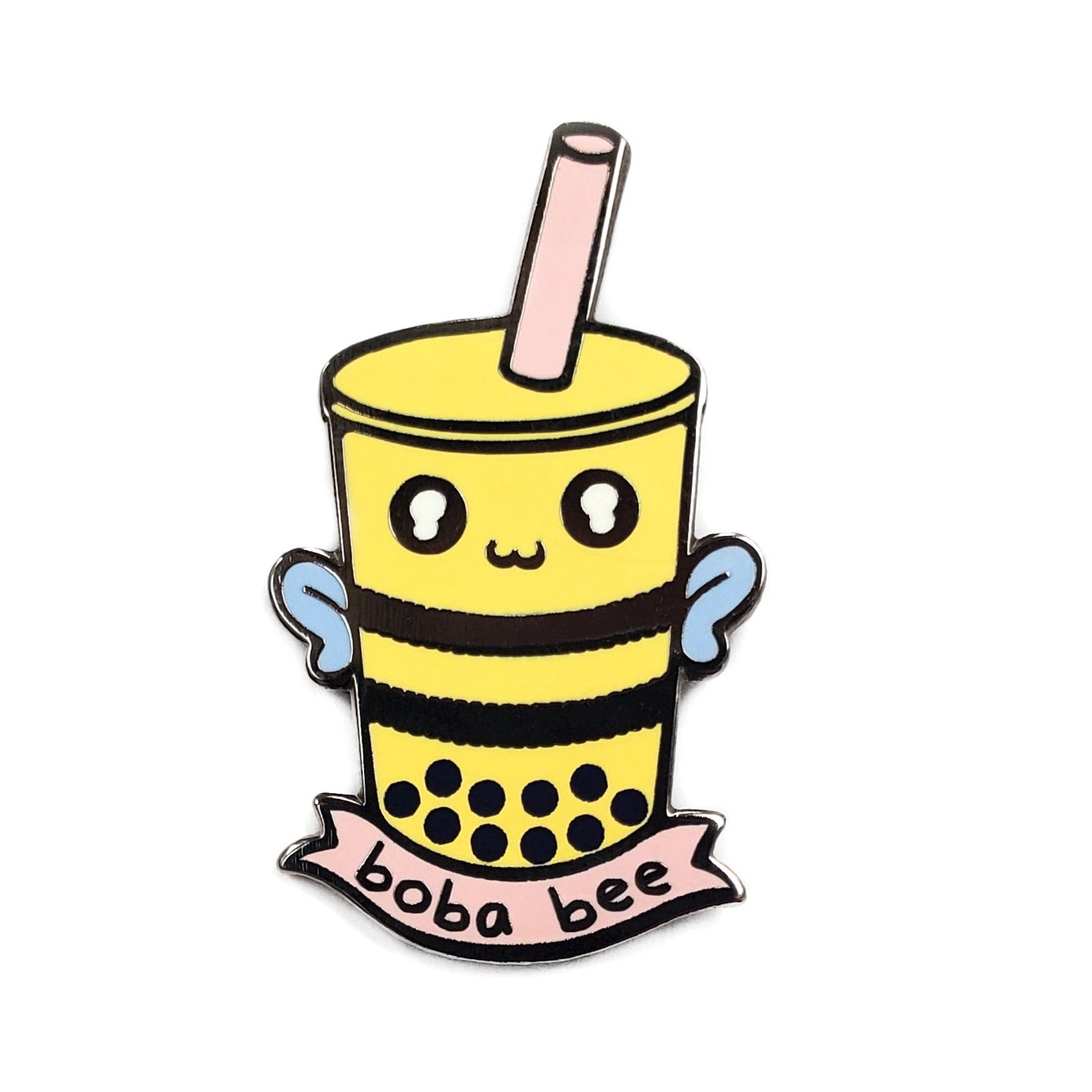 Kolorspun Boba Bee enamel pin featuring a cute bee design with boba tea elements on a white background.