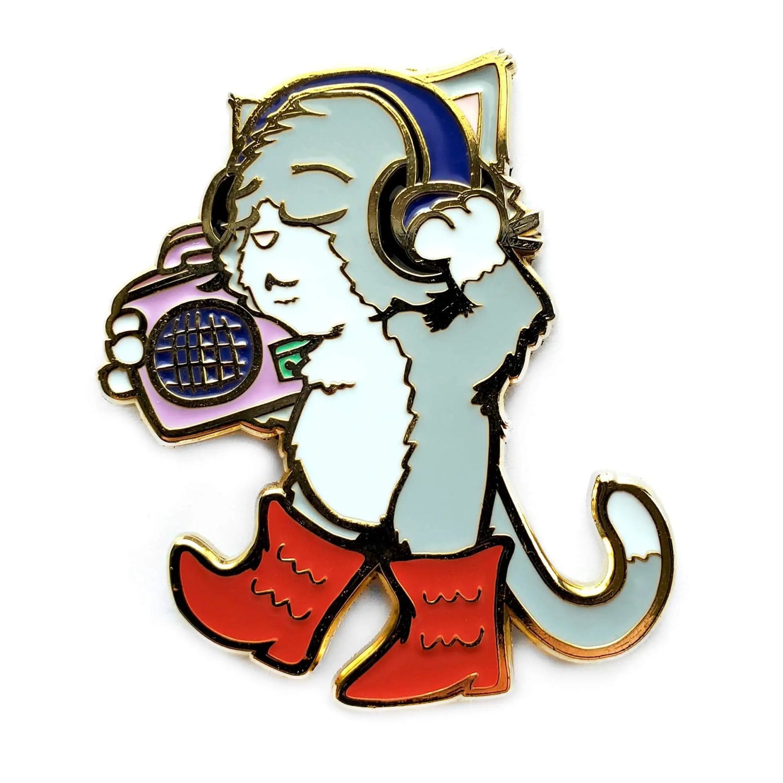 Gray enamel Boots and Cats pin by Kolorspun featuring detailed cat and boot designs on a metal pin.