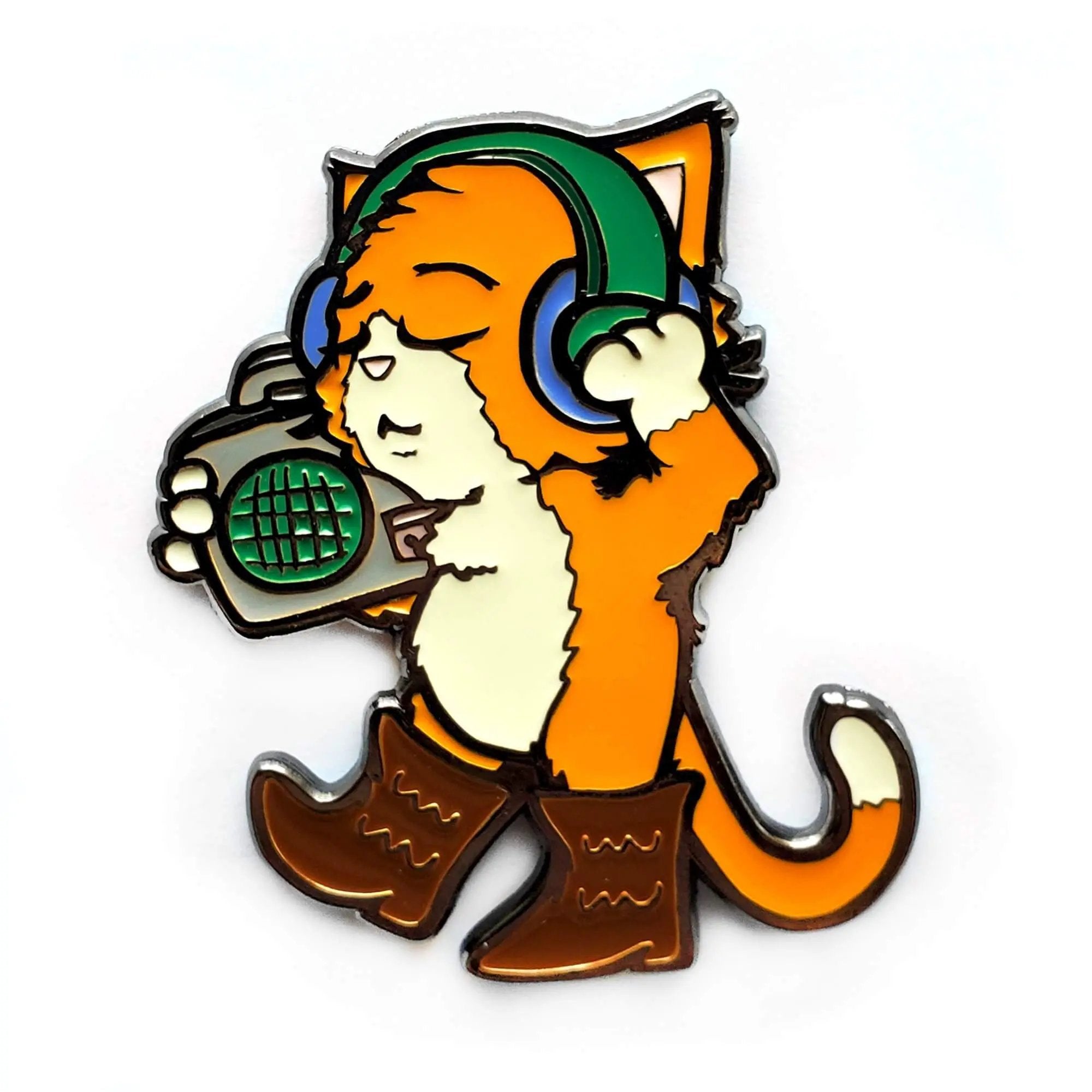 Orange enamel Boots and Cats pin by Kolorspun featuring detailed cat and boot designs on a shiny surface.