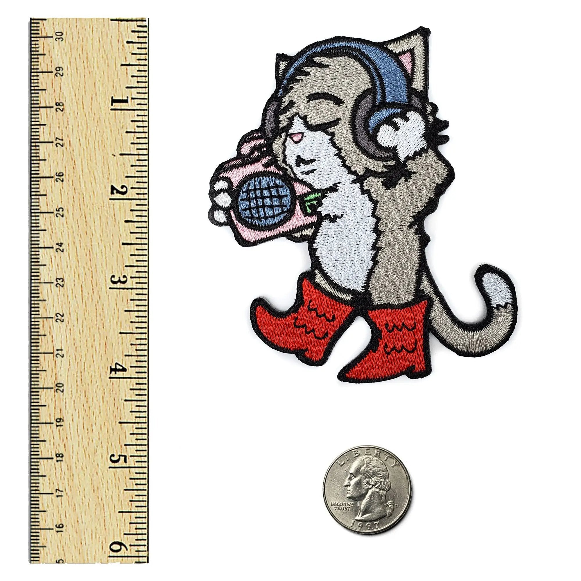 Kolorspun Boots and Cats Patch featuring colorful embroidered boots and playful cat designs on fabric patch.