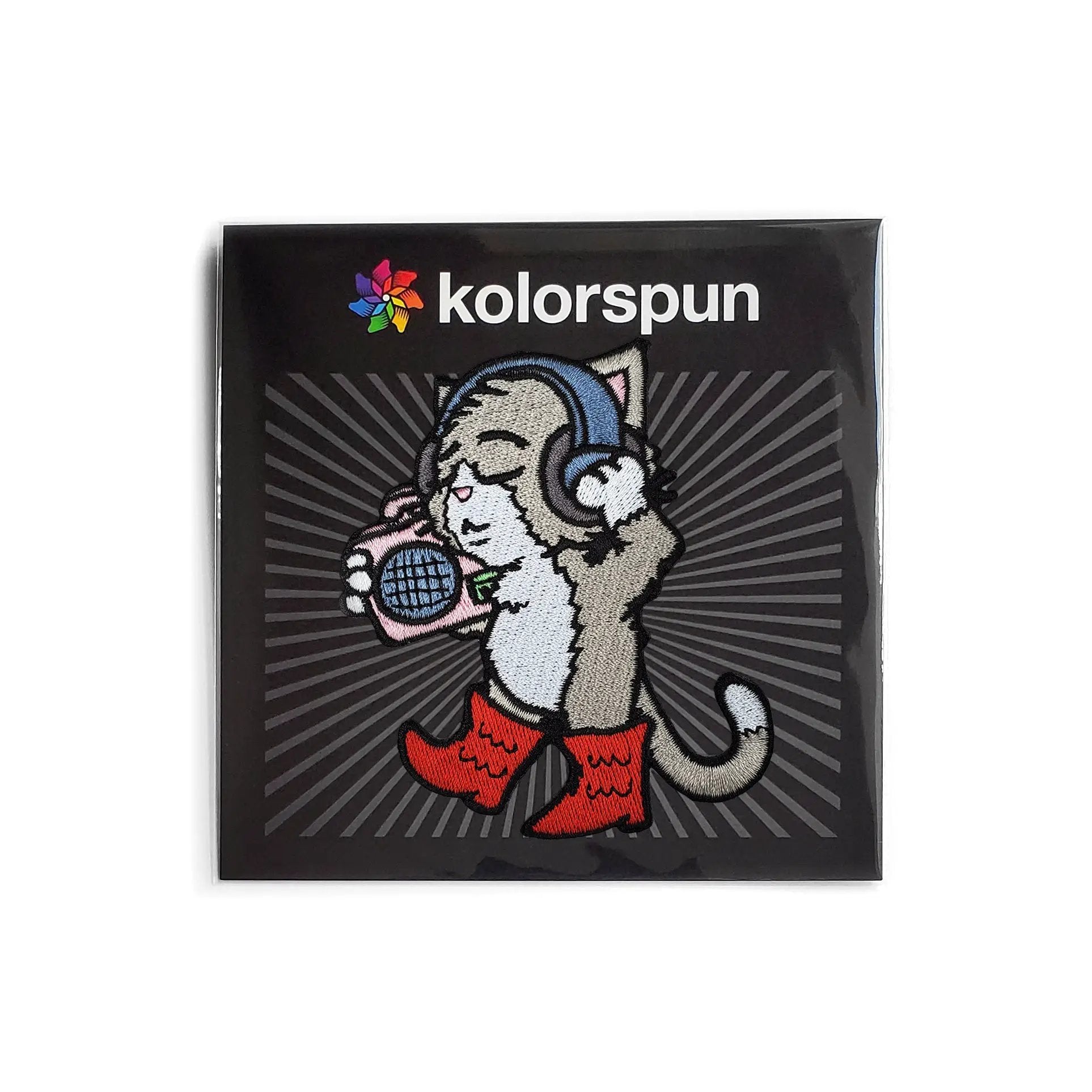 Colorful Boots and Cats patch by Kolorspun featuring embroidered boots and feline designs on fabric.