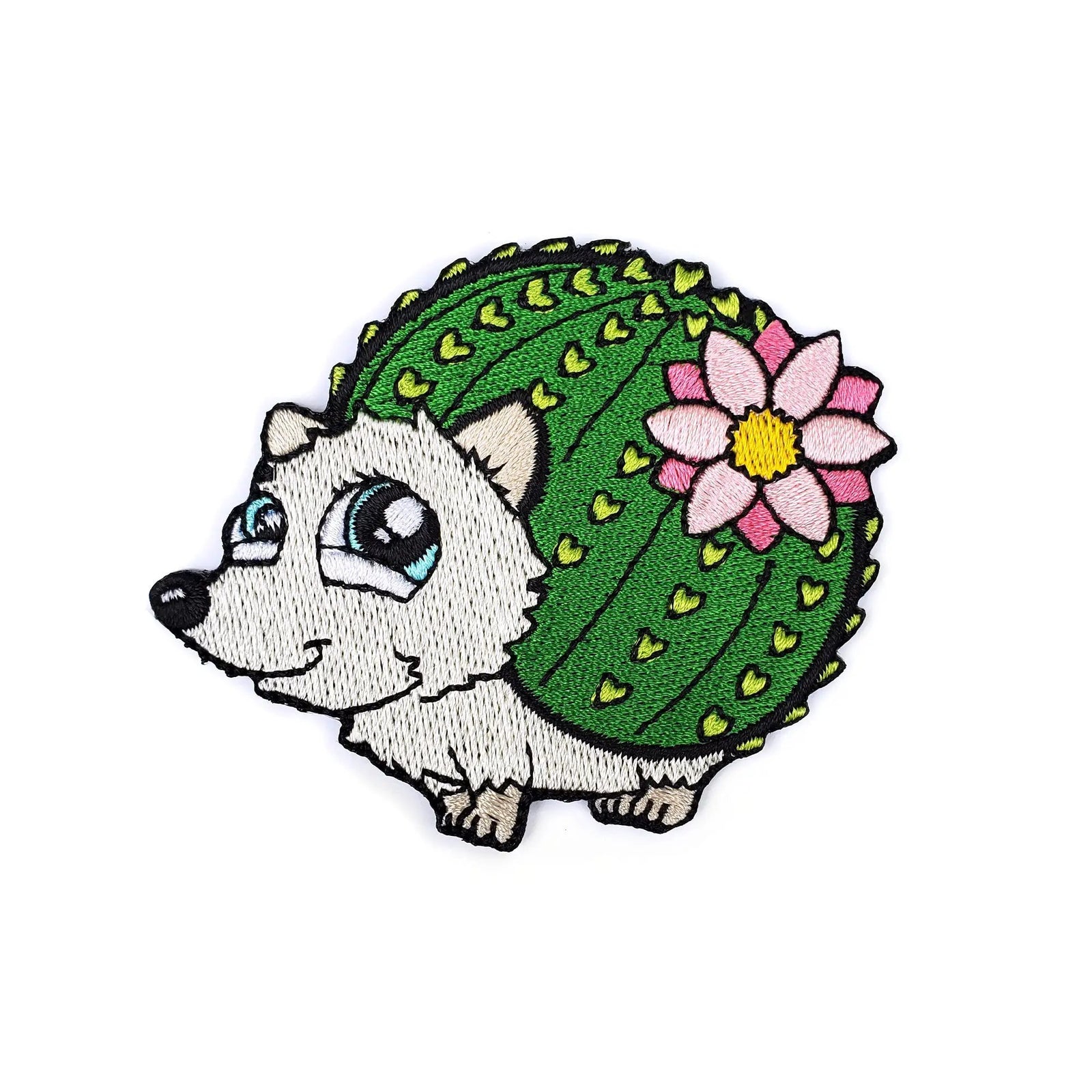 Kolorspun cactus hedgehog patch featuring a cute cactus design on fabric for clothing or accessories.