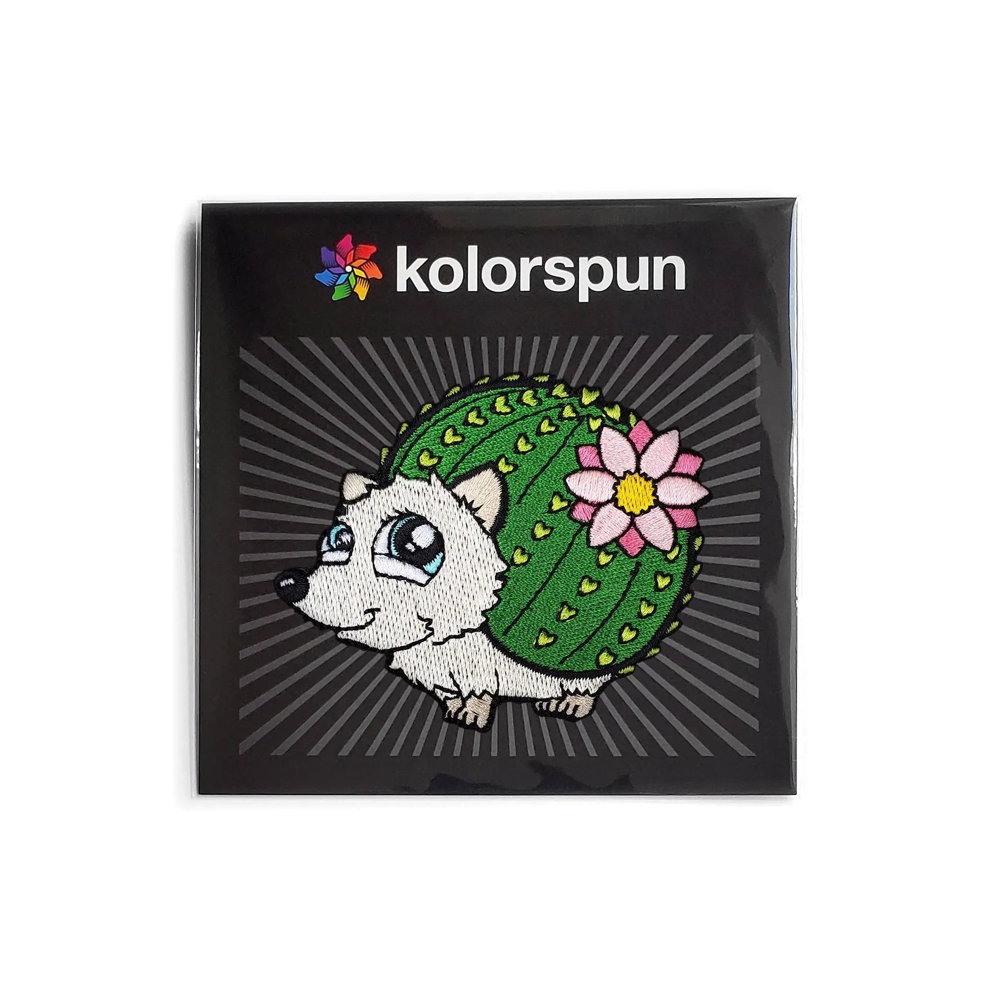 Kolorspun cactus hedgehog patch with embroidered green cactus and adorable hedgehog design on fabric patch.
