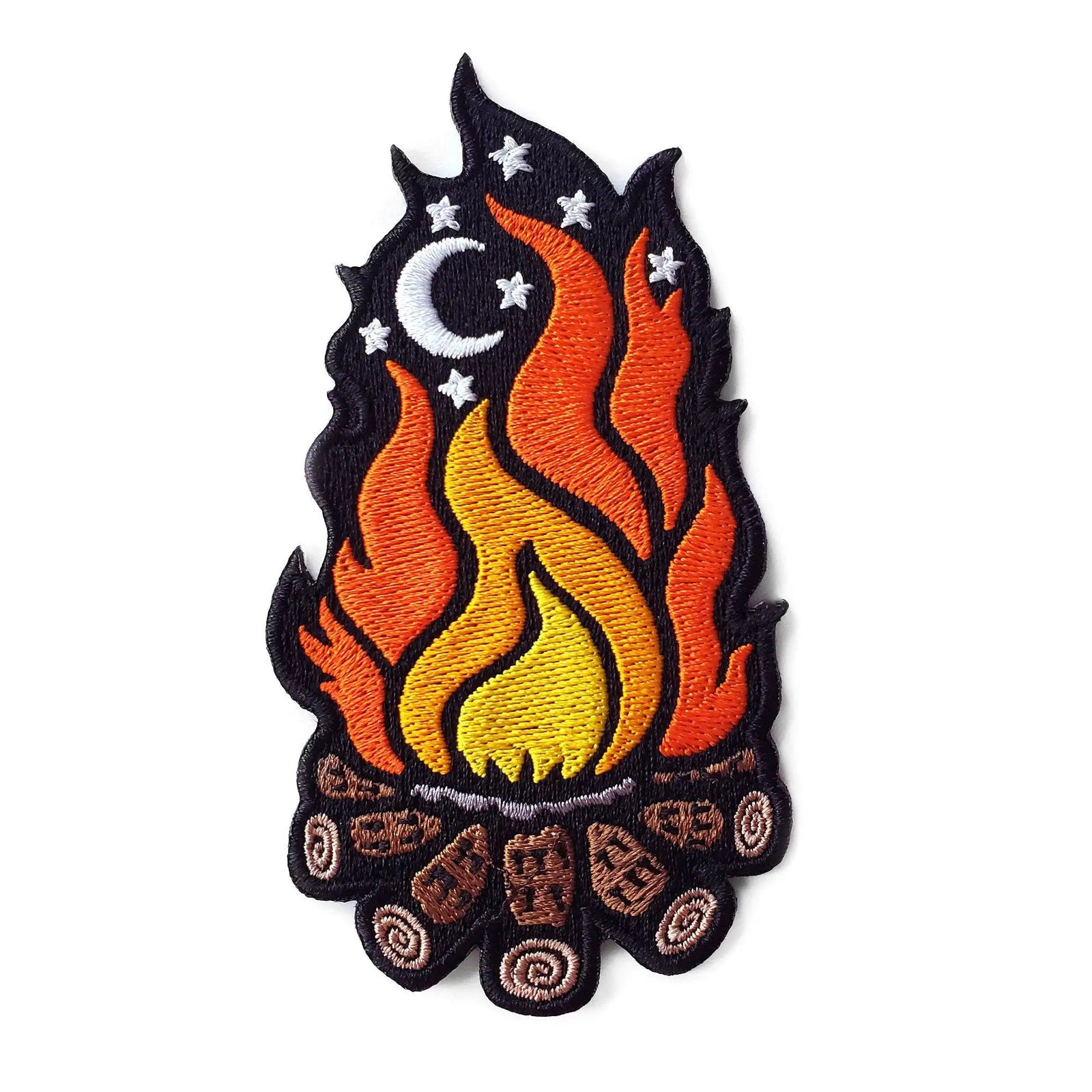 Kolorspun campfire patch featuring a colorful embroidered design of a campfire with flames and logs.