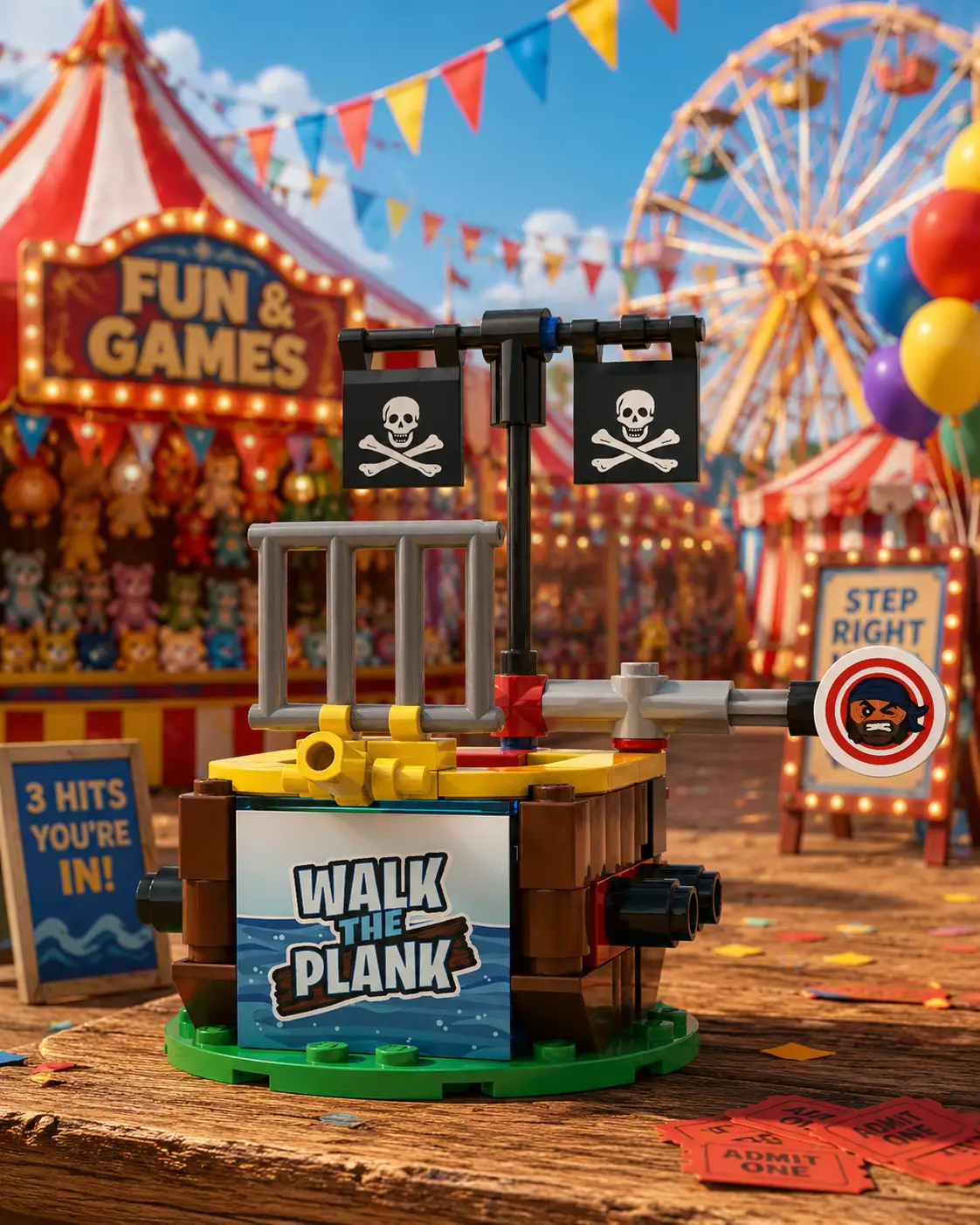 B3 Customs Walk the Plank Carnival Dunk Tank with colorful exterior and a person sitting on the dunk seat ready for a splash