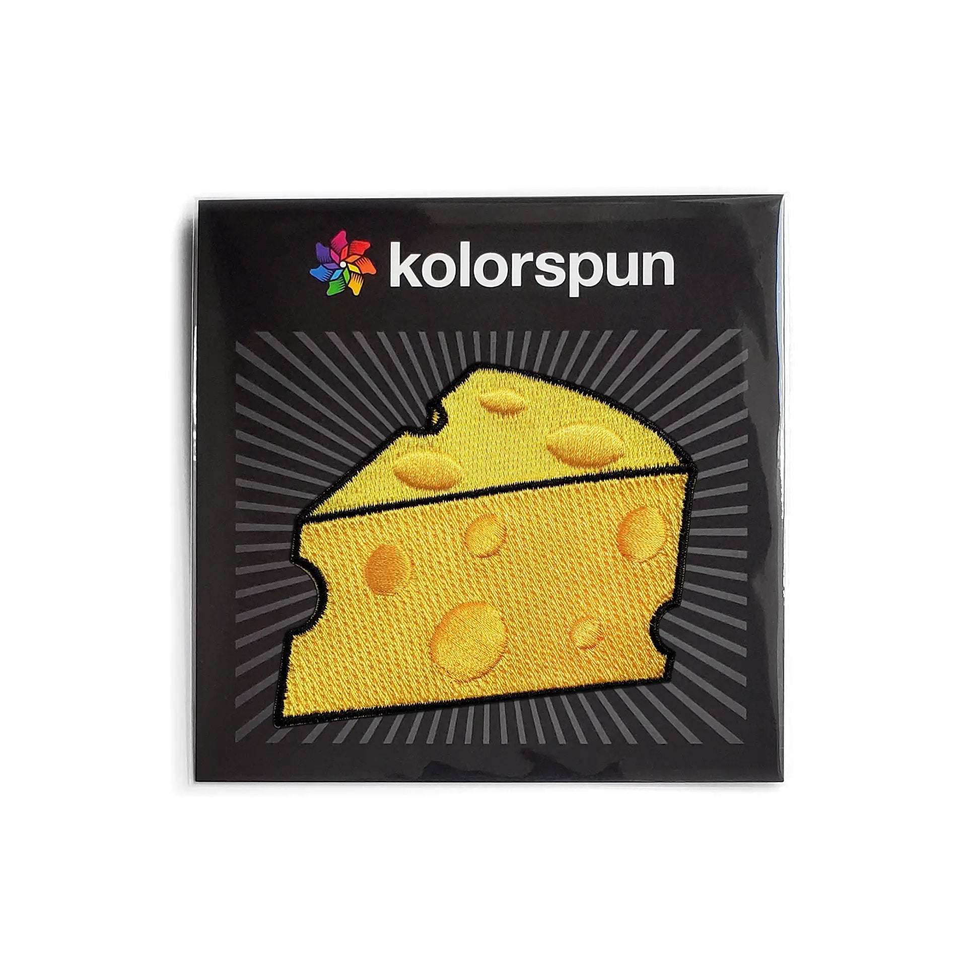Kolorspun cheese slice patch with detailed yellow and orange cheese design, perfect for clothing or accessories.