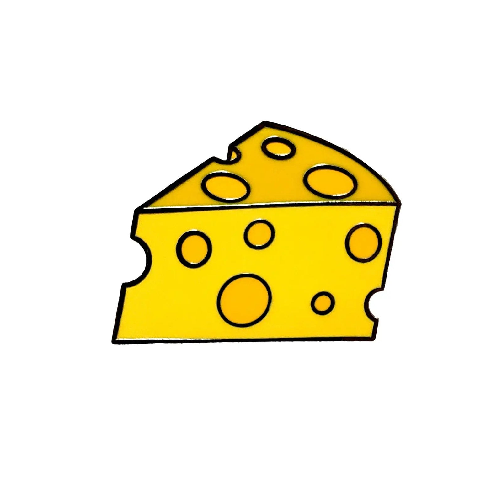 Kolorspun cheese pin featuring a hard enamel design, showcasing a detailed cheese wedge with vibrant colors and a polished finish.