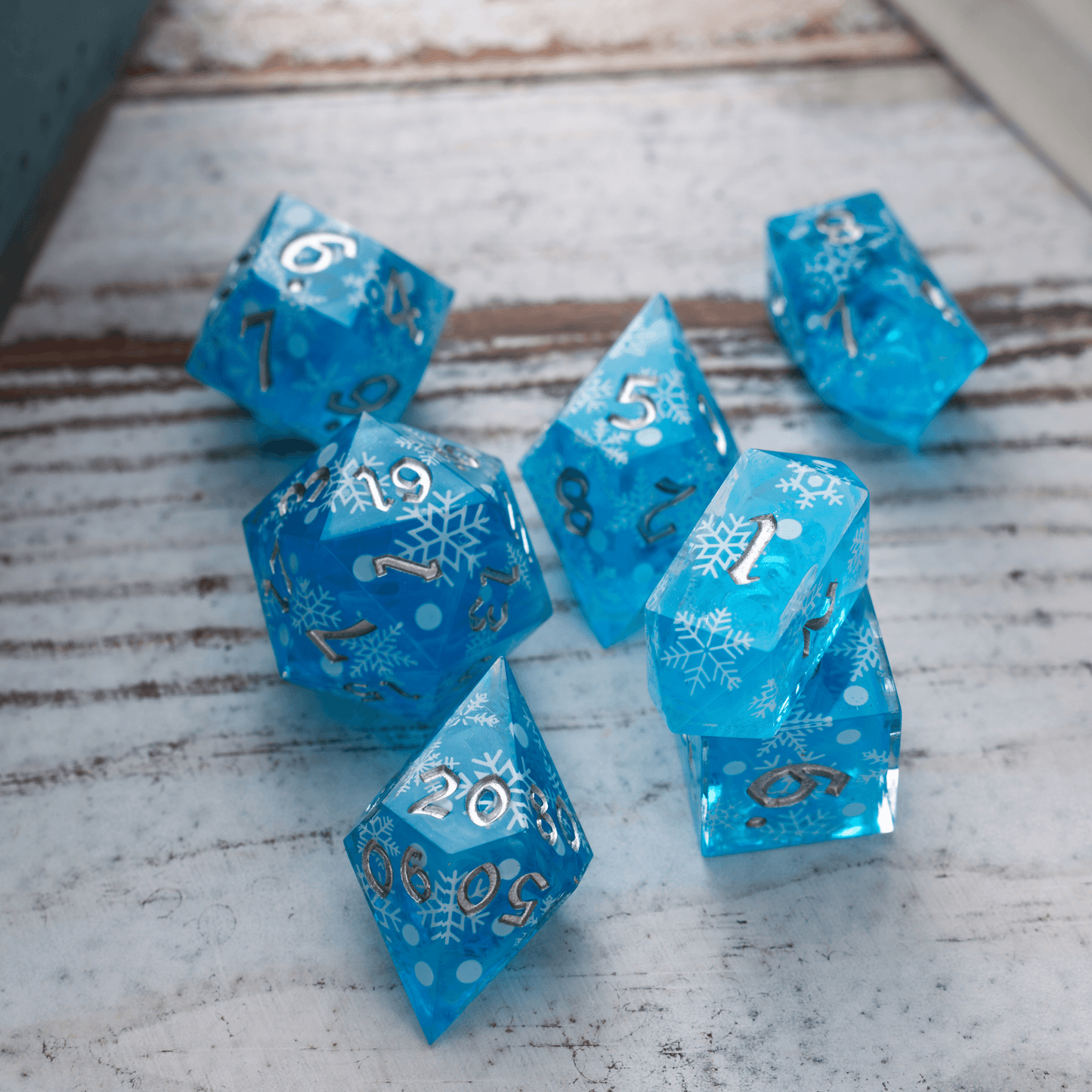 Christmas Blue Snowflake Handmade Resin DND Dice Set
