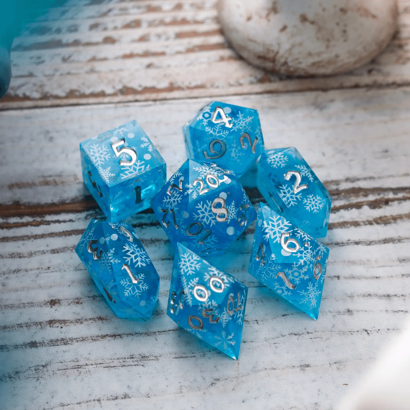 Christmas Blue Snowflake Handmade Resin DND Dice Set by Runic Dice