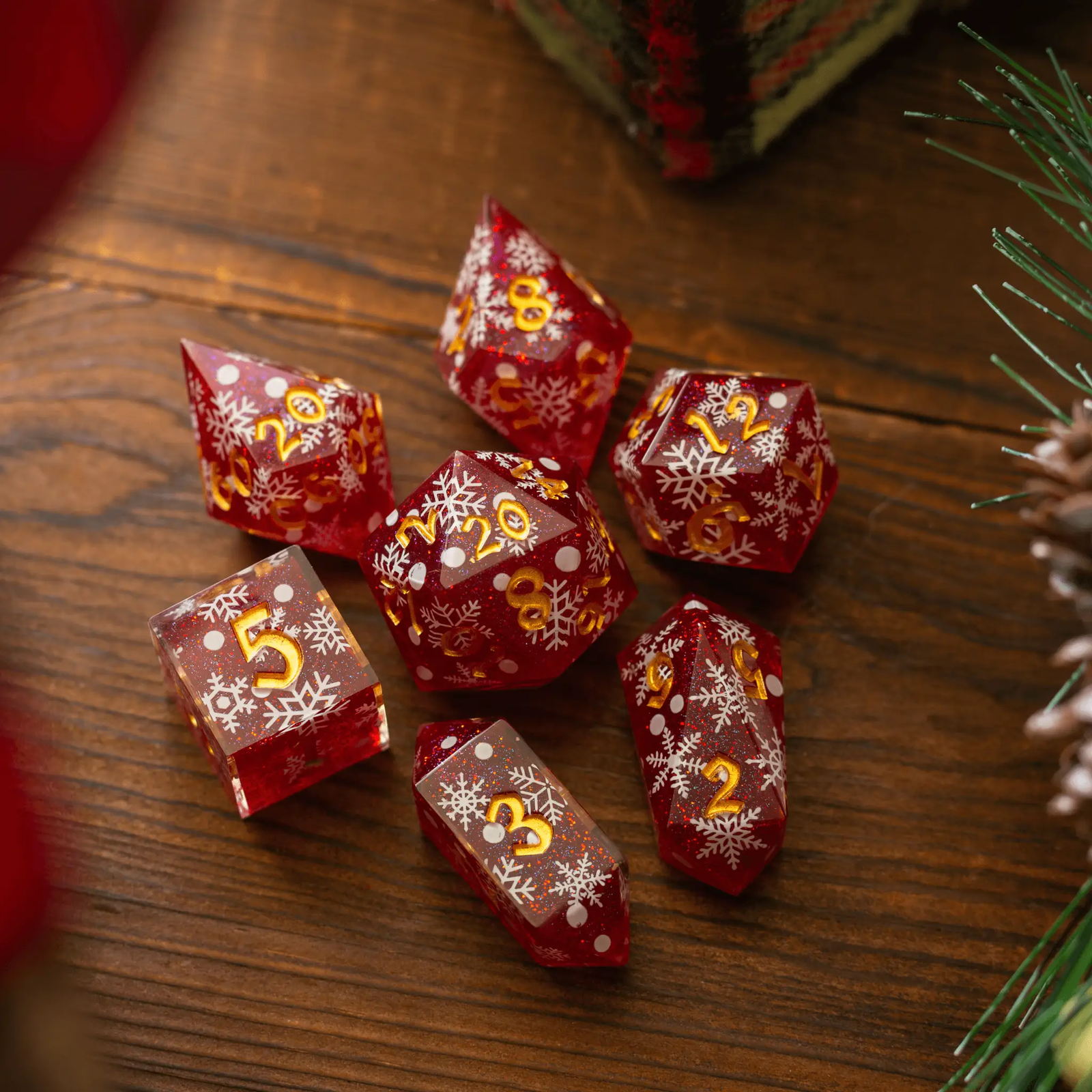 Christmas Red Snowflake Handmade Resin DND Dice Set by Runic Dice