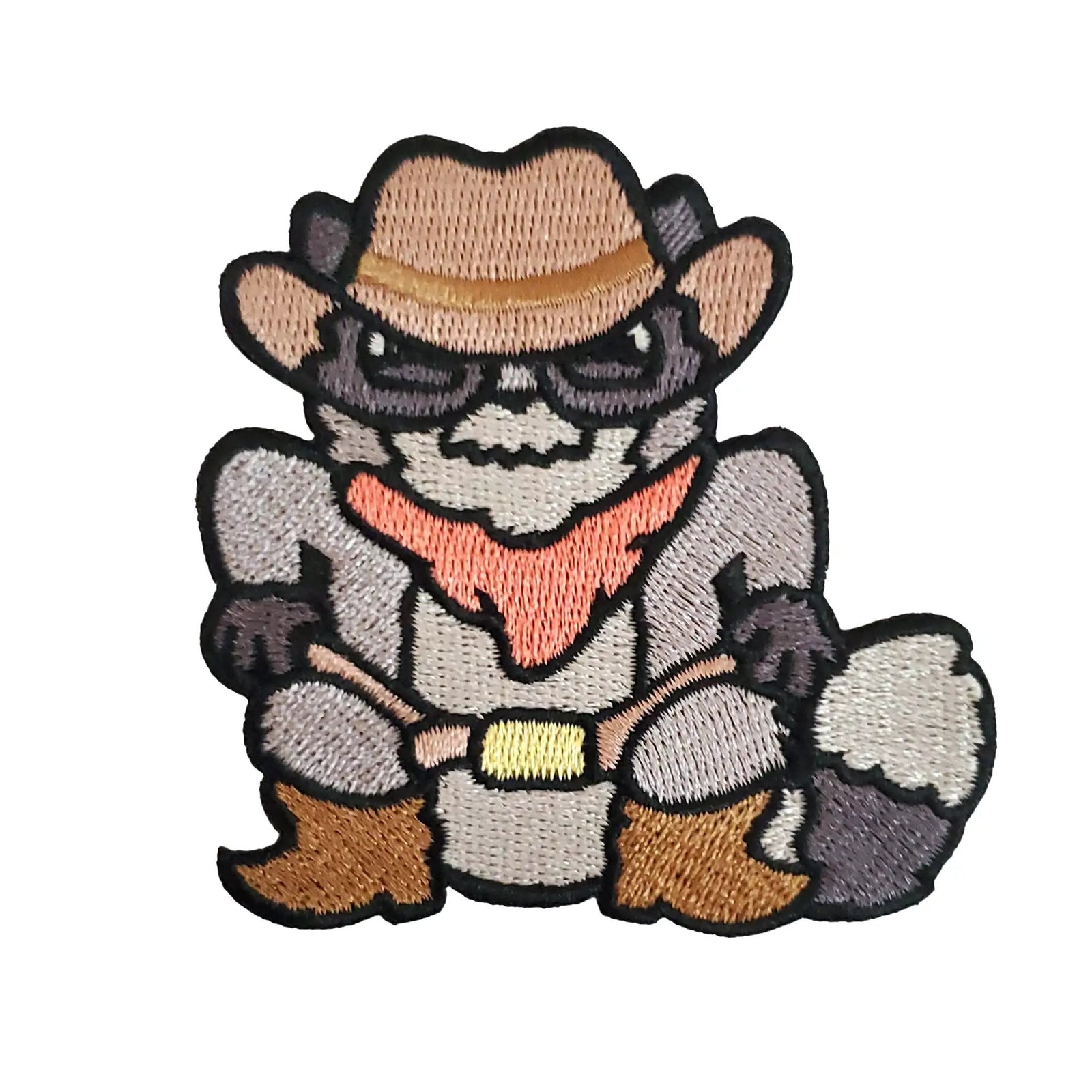 Kolorspun cowboy raccoon patch featuring a detailed raccoon wearing a cowboy hat, perfect for clothing or accessories.