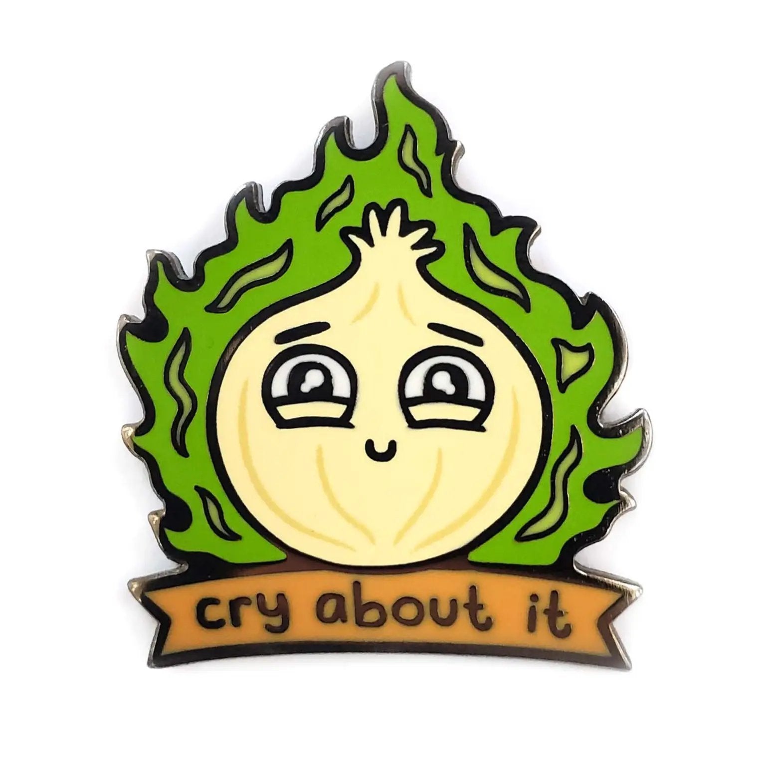 Kolorspun Cry About It Onion pin featuring a cartoon onion character with a sad expression, perfect for pin collectors and accessories.