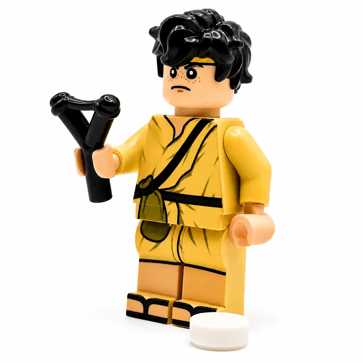 Custom B3 Customs LEGO Bible David minifig with slingshot and rock, detailed LEGO-style miniature figure for collectible display.