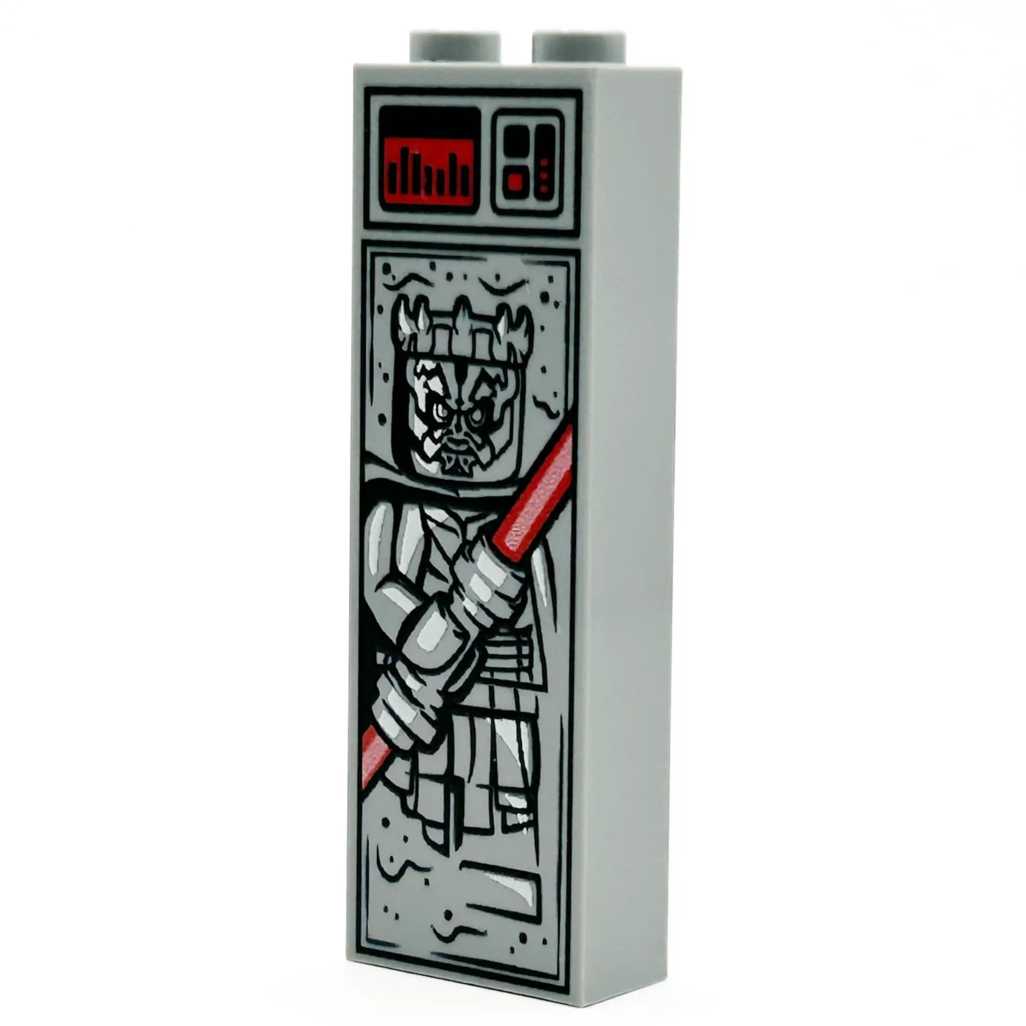 LEGO Darth Maul in carbonite, custom horned Sith figure made with B3 Customs 1x2x5 brick, detailed dark side character.