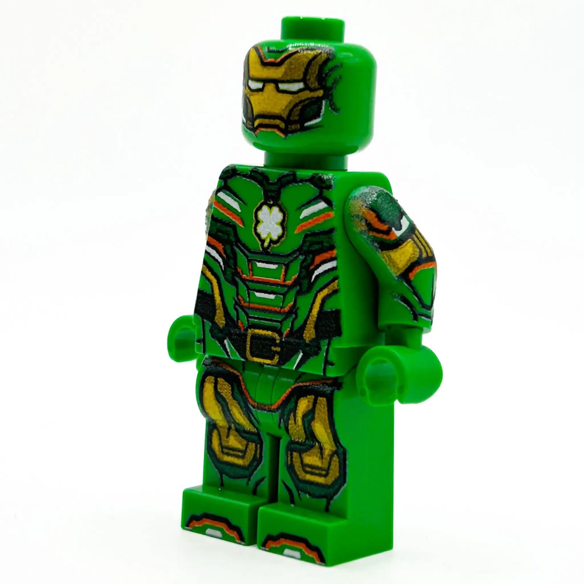 Custom LEGO Iron Shamrock Minifigure by B3 Customs, featuring Irish-themed Iron Man design for St. Patrick's Day.