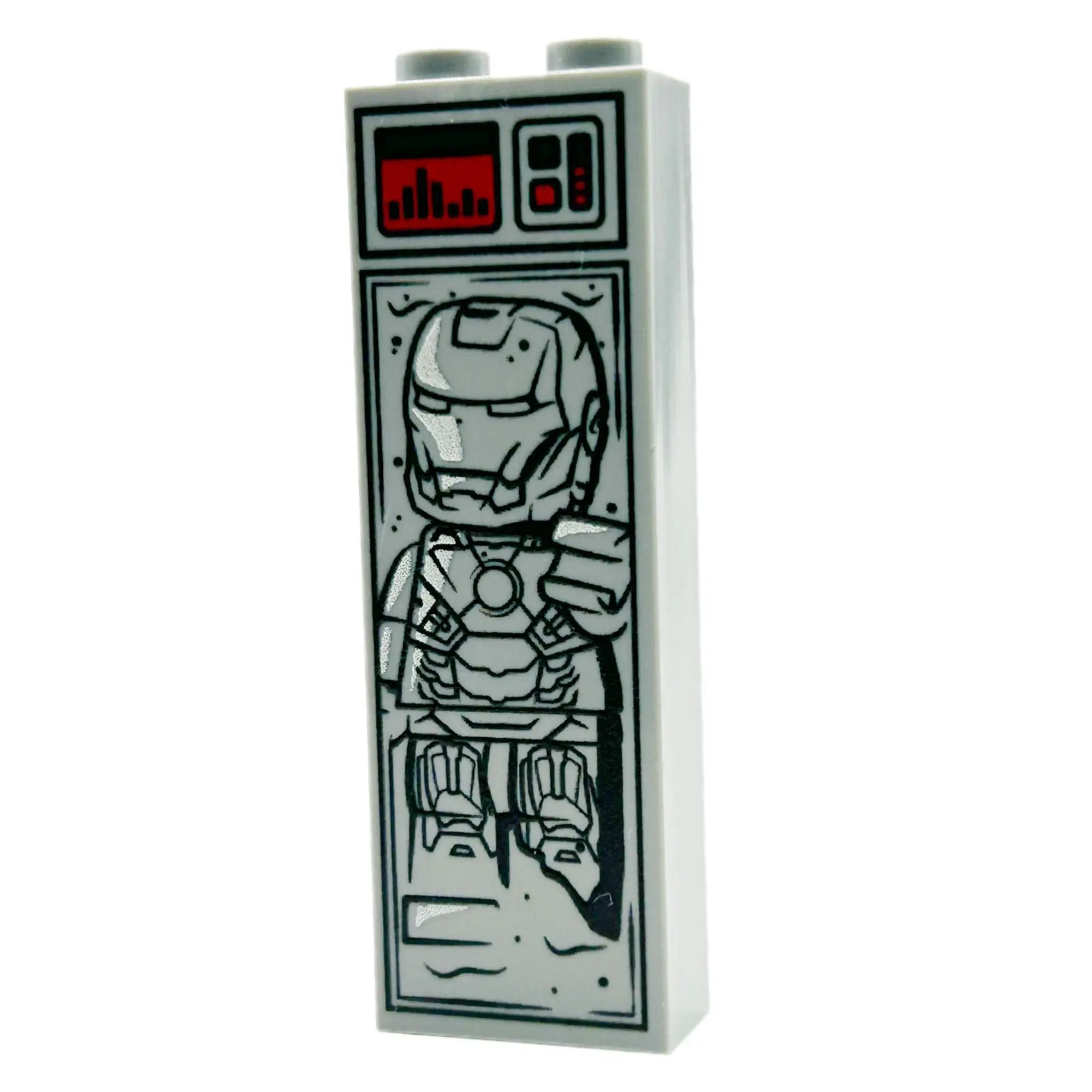 Lego Iron Man in Carbonite brick from B3 Customs, featuring detailed Iron Man figure encased in carbonite within a 1x2x5 brick.