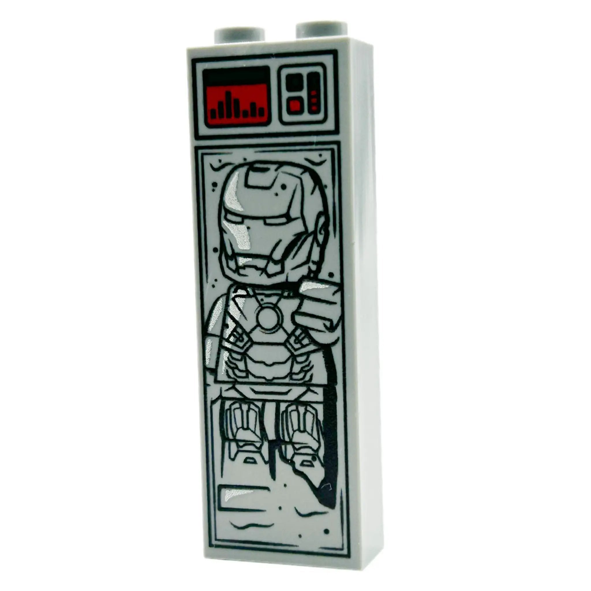 Lego Iron Man in Carbonite brick from B3 Customs, featuring detailed Iron Man figure encased in carbonite within a 1x2x5 brick.