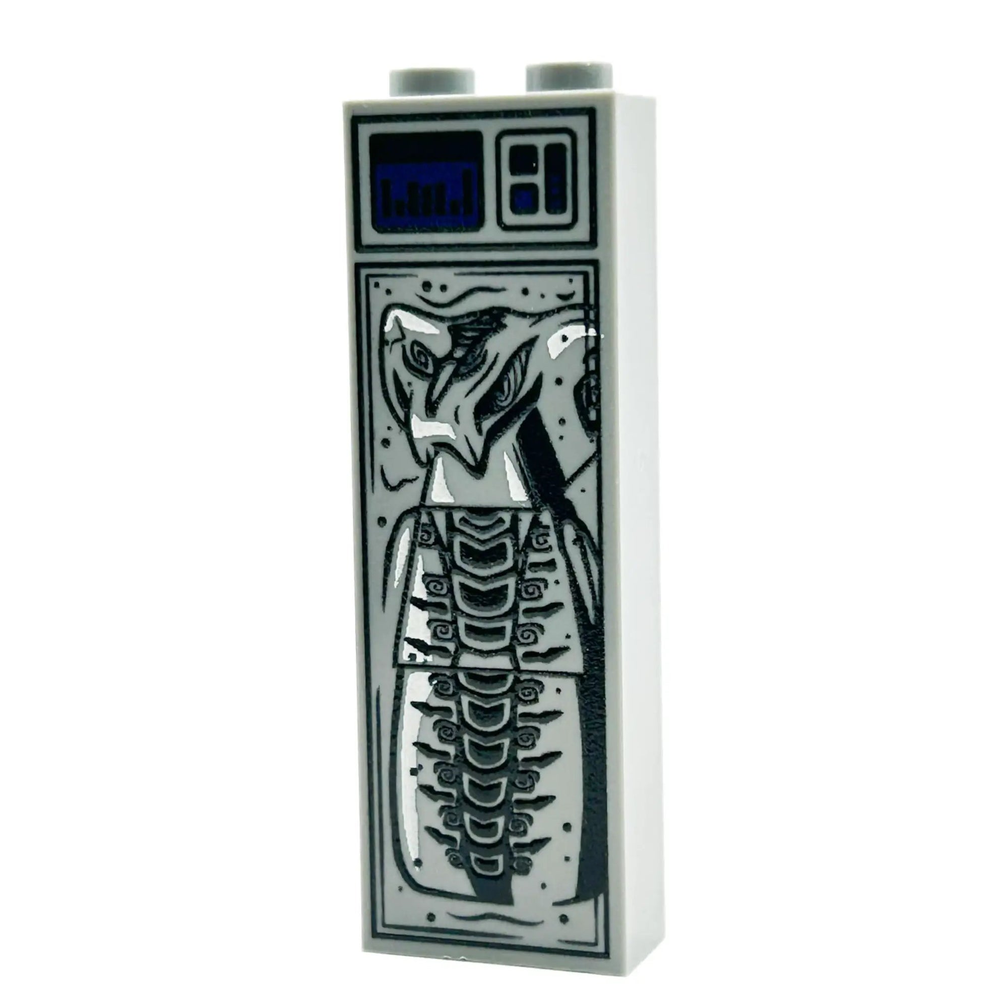 Custom LEGO Ninjago scales in Carbonite on B3 Customs brick, showcasing detailed blue and black Ninjago-themed design.