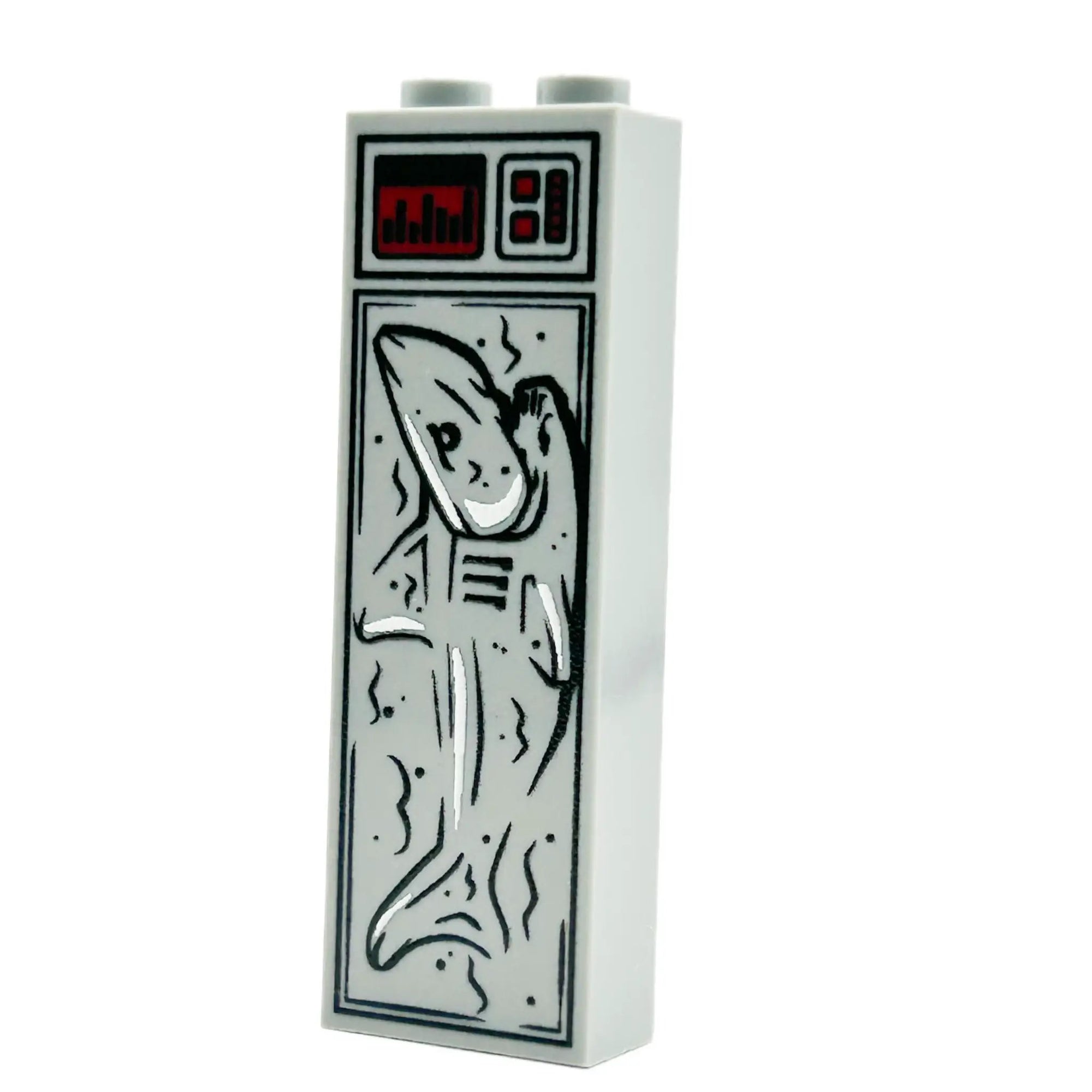 Lego shark in carbonite brick, custom B3 Customs design, detailed gray LEGO shark encased in clear carbonite block.