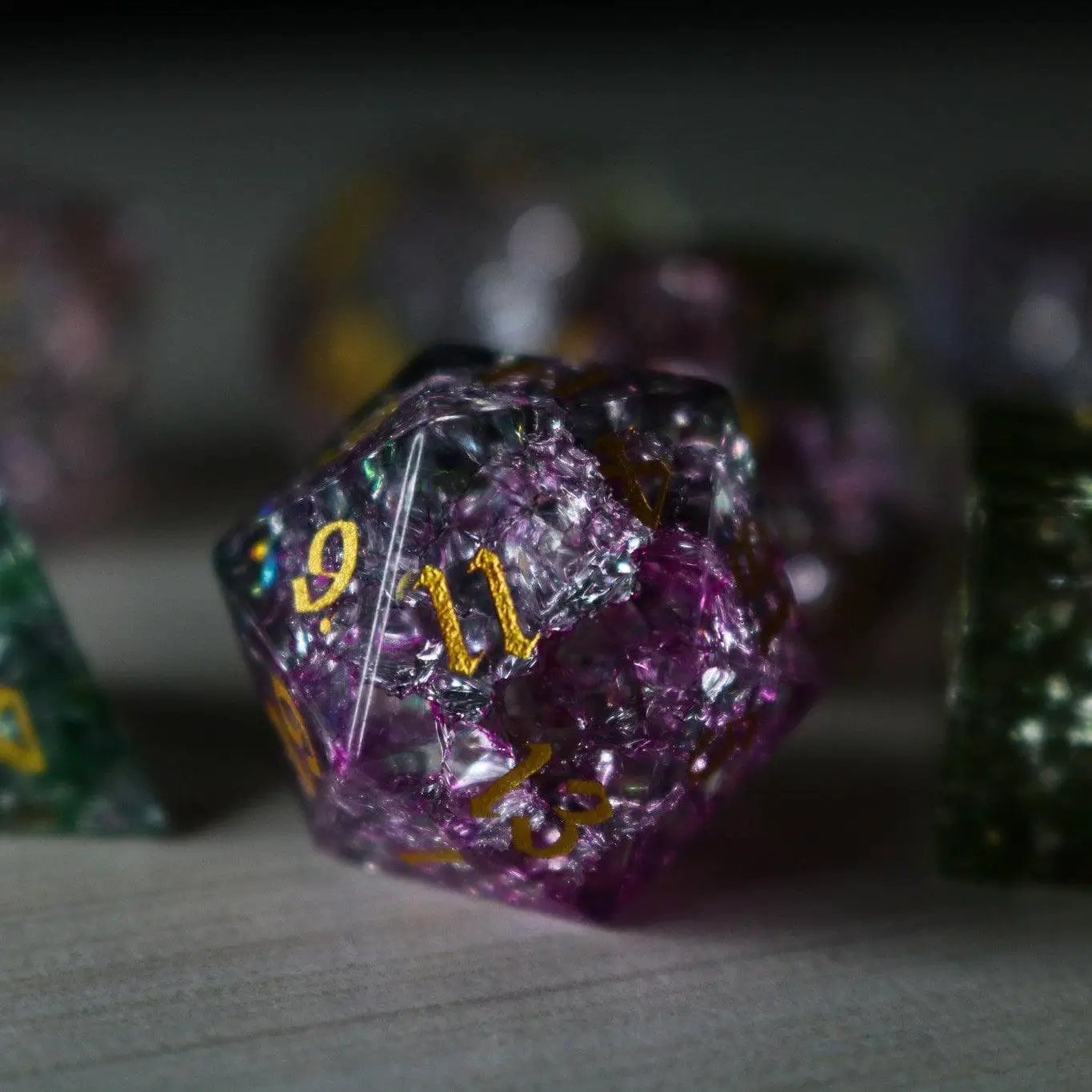 Runic Dice Dark Nox Forge fire glass gemstone DND dice set with vibrant, fiery-colored polyhedral dice for tabletop gaming.
