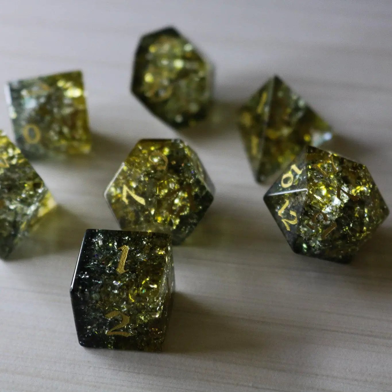 Dark Sun (Green And Yellow) Forge Fire Glass DND Dice Set by Runic Dice