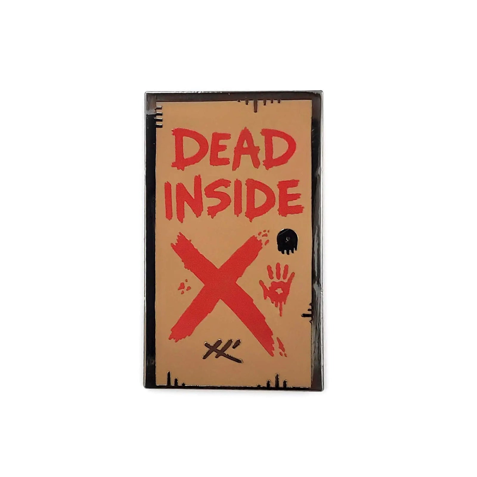 Kolorspun Dead Inside enamel pin featuring a dark, edgy design with bold lettering on a metal pin backing.