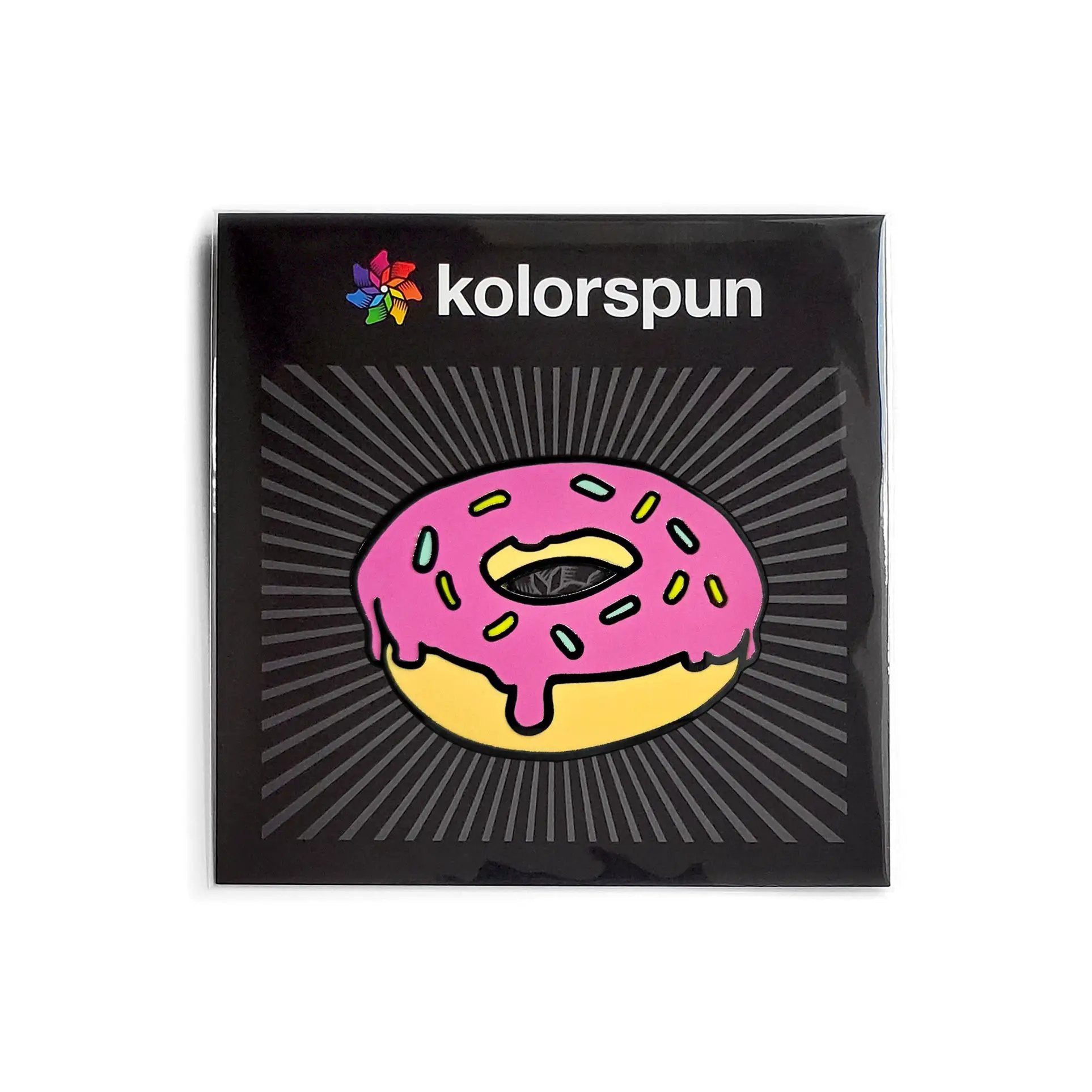 Kolorspun donut-shaped magnetic golf ball marker with colorful donut pin design for keeping on a golf hat or bag.