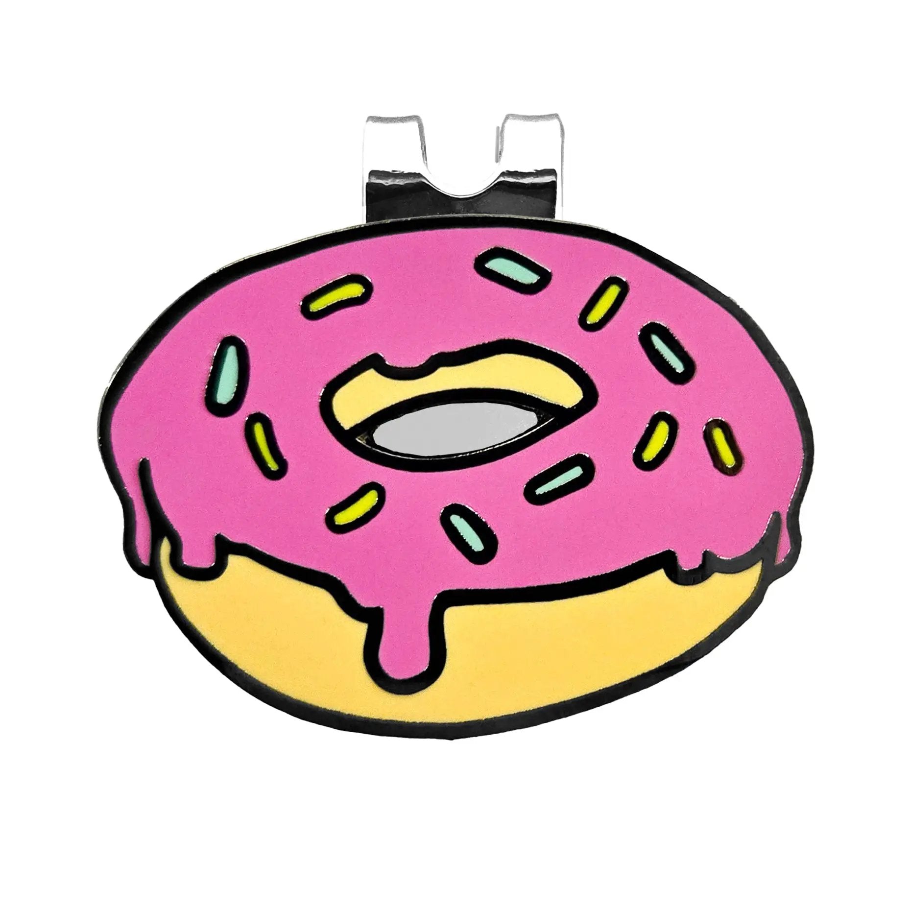 Kolorspun donut-shaped magnetic golf ball marker with clip attached, designed for easy placement on golf hats or bags.