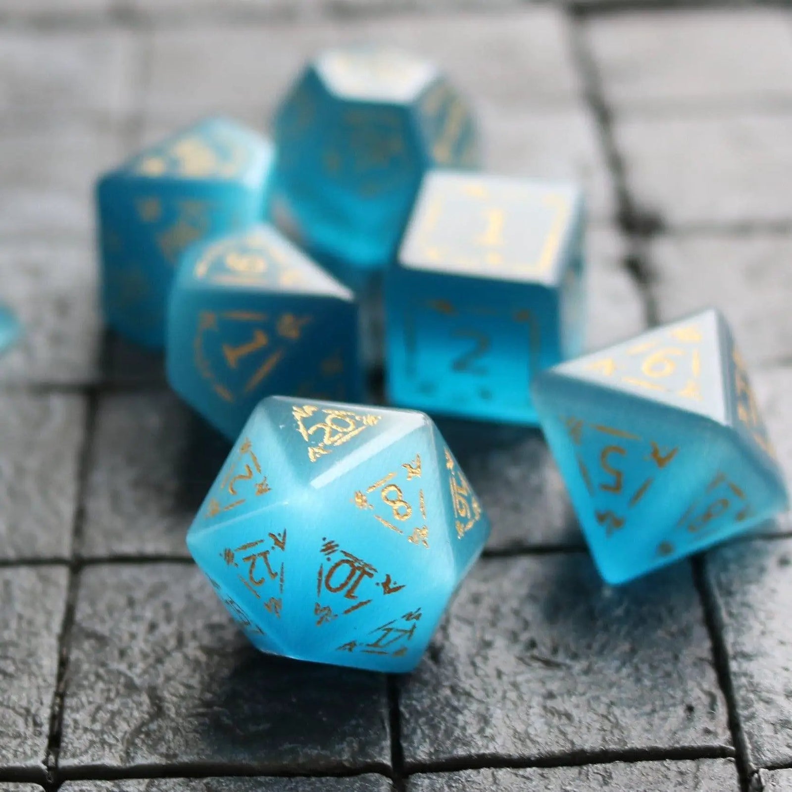 Dragon Shield Blue Cats Eye Stone Gemstone DND Dice Set by Runic Dice