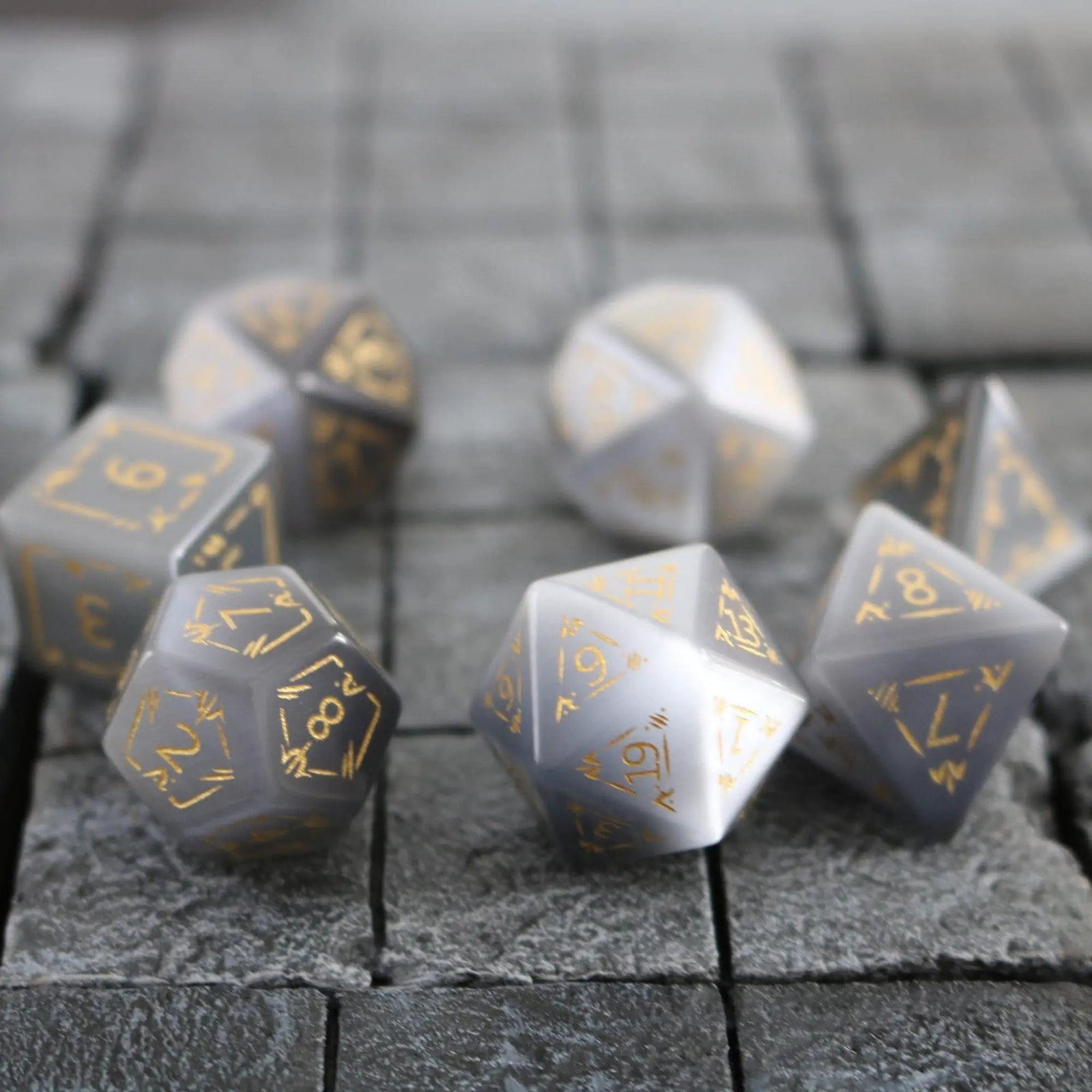 Dragon Shield Gray Cats Eye Gemstone DND Dice Set by Runic Dice