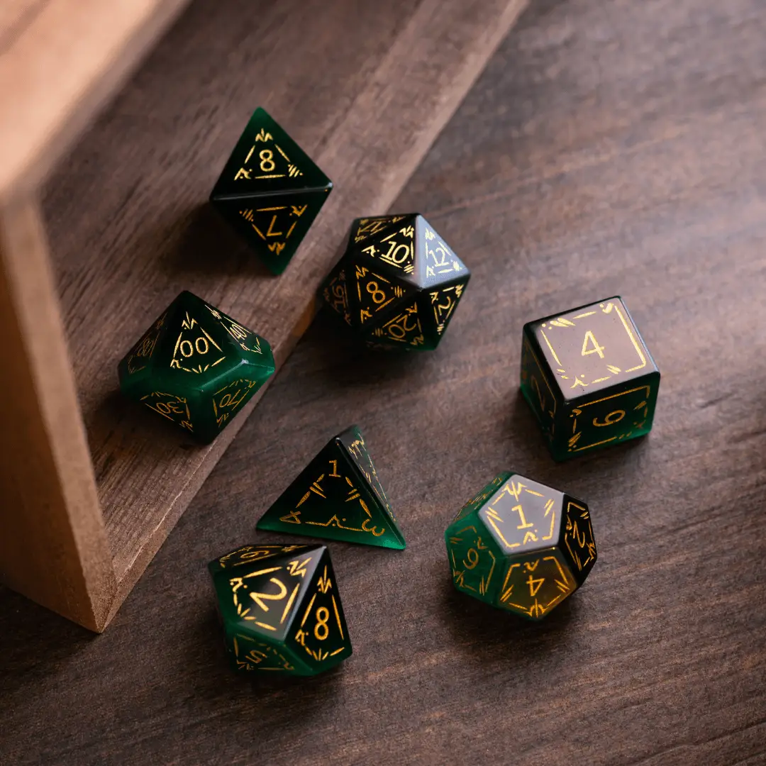 Dragon Shield Green Cats Eye Stone Gemstone DND Dice Set by Runic Dice